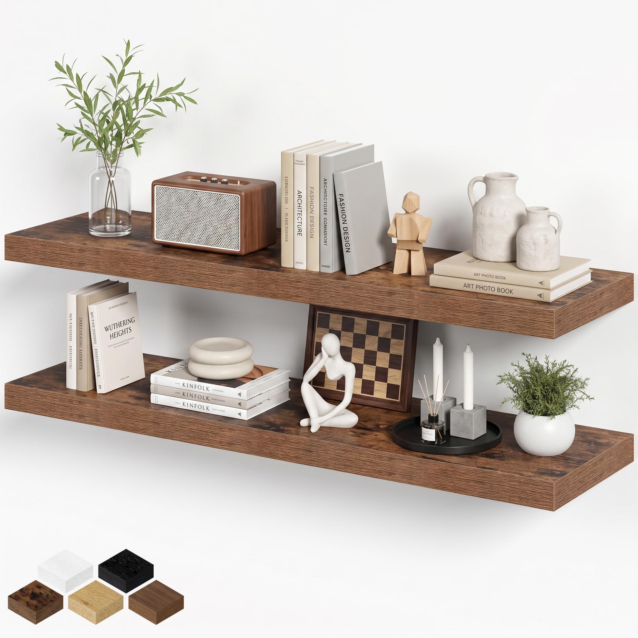 Fun Memories 90cm Floating Shelves, Wall Shelves Set of 2 for Bathroom/Living Room/Bedroom/Kitchen, Wall Mounted Floating Shelf for Home Decor with Invisible Brackets, Rustic Brown — image 1