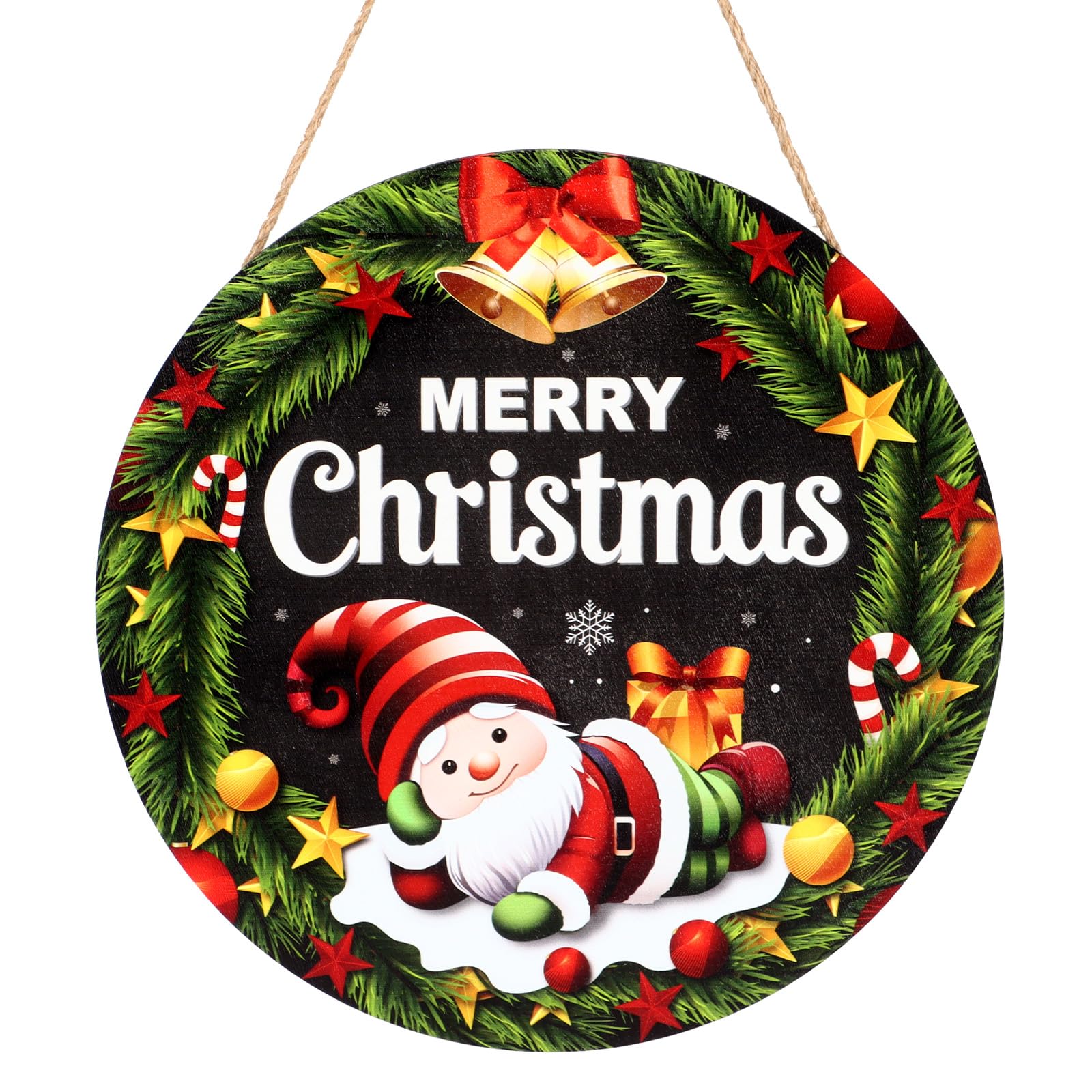minstely Christmas Door Sign - 12 Inch Merry Christmas Wall Decor - Wooden Round Hanging Wreath with Gnome Design for Home, Porch, Indoor Outdoor Xmas Decorations (Green)