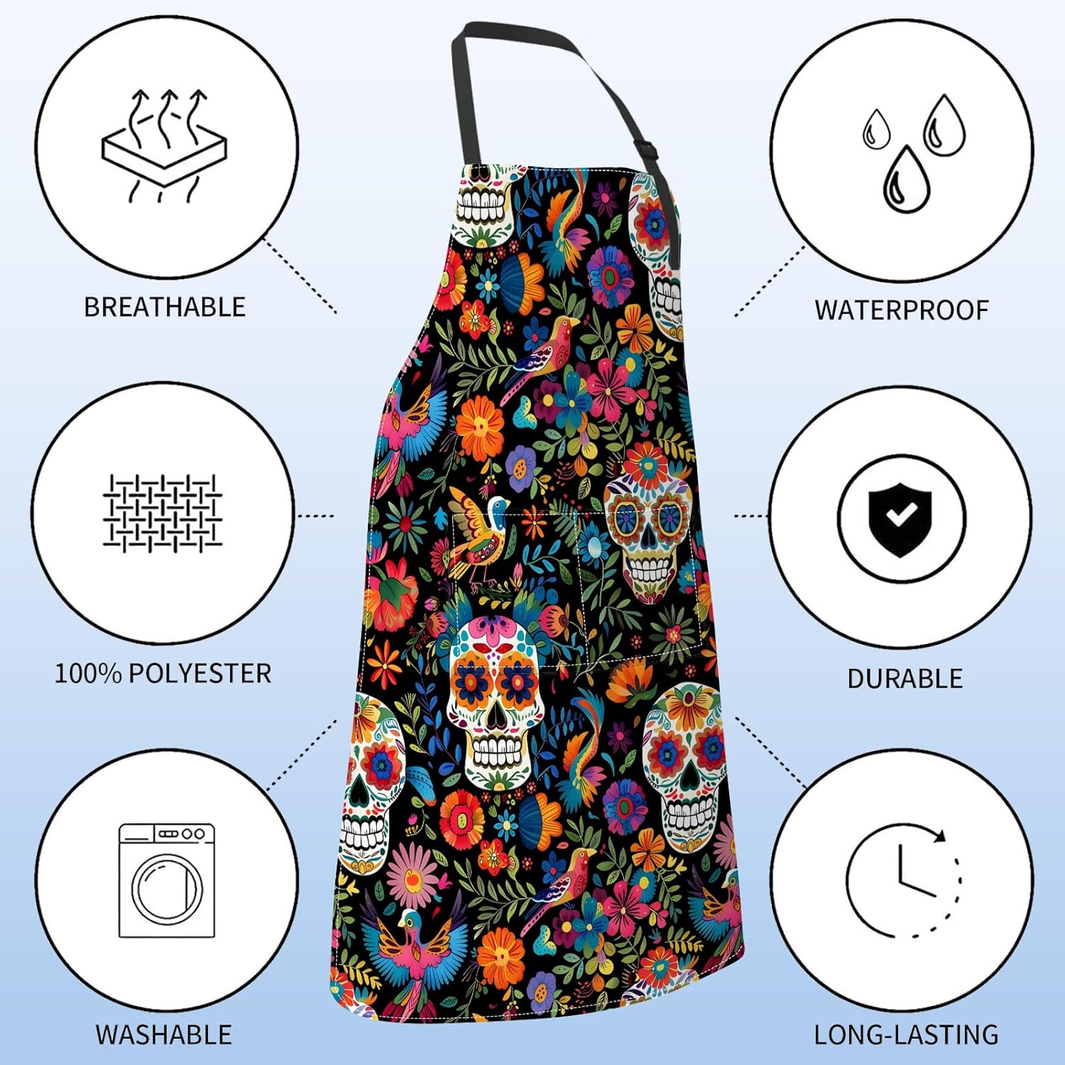 Gothic Apron for Women with Sugar Skull and Floral,28x33in,Goth Kitchen Aprons with 2 Pockets, Oxford Fabric,Halloween Adjustable Apron for Cooking Baking Gardening Chef,Gifts for Mom Wife - Image 3