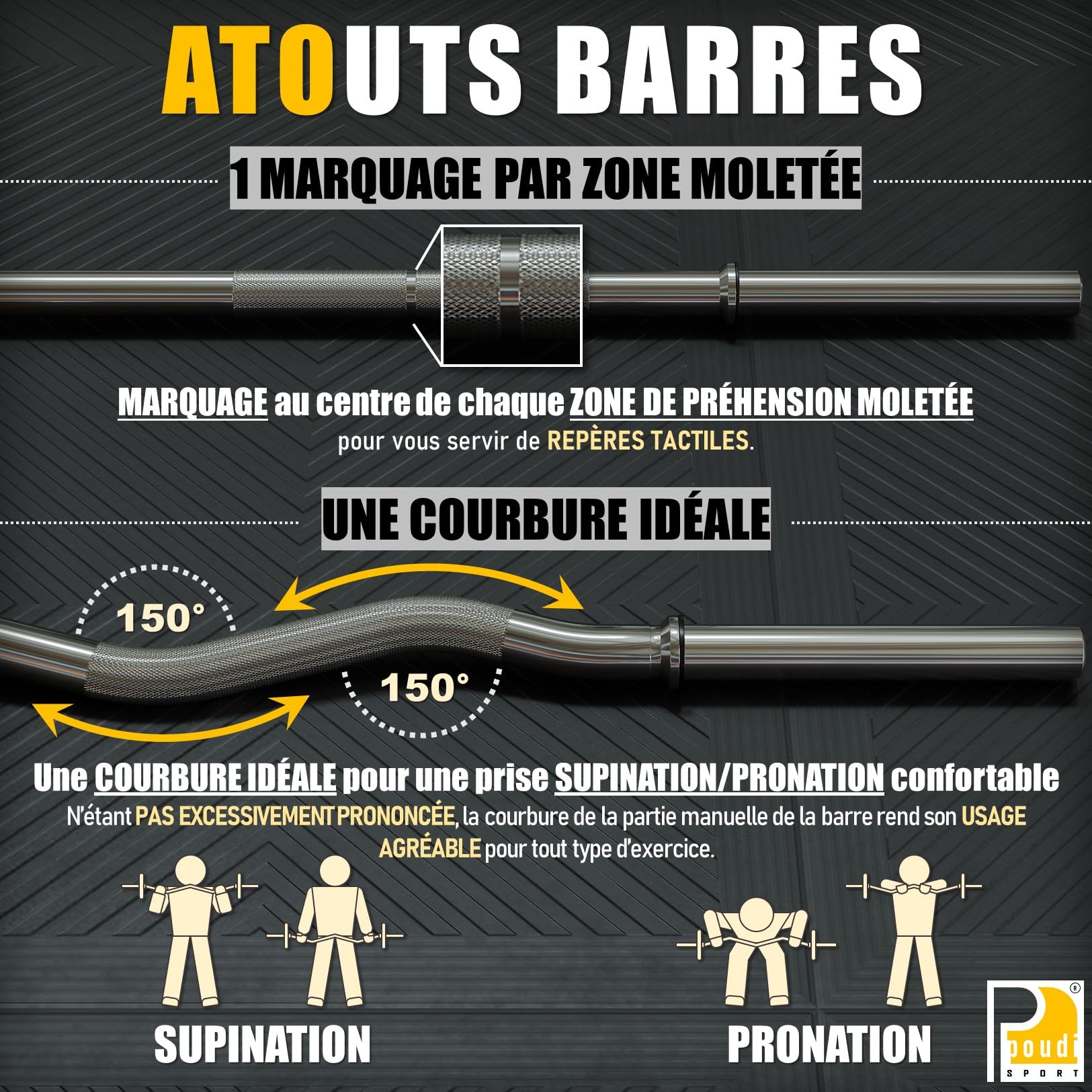 1 barre curl EZ 120cm + 1 barre droite de musculation 120cm + 4 colliers de serrage | Ø 28mm ou 30mm | Acier chromé | 4 anneaux de soutien amovibles