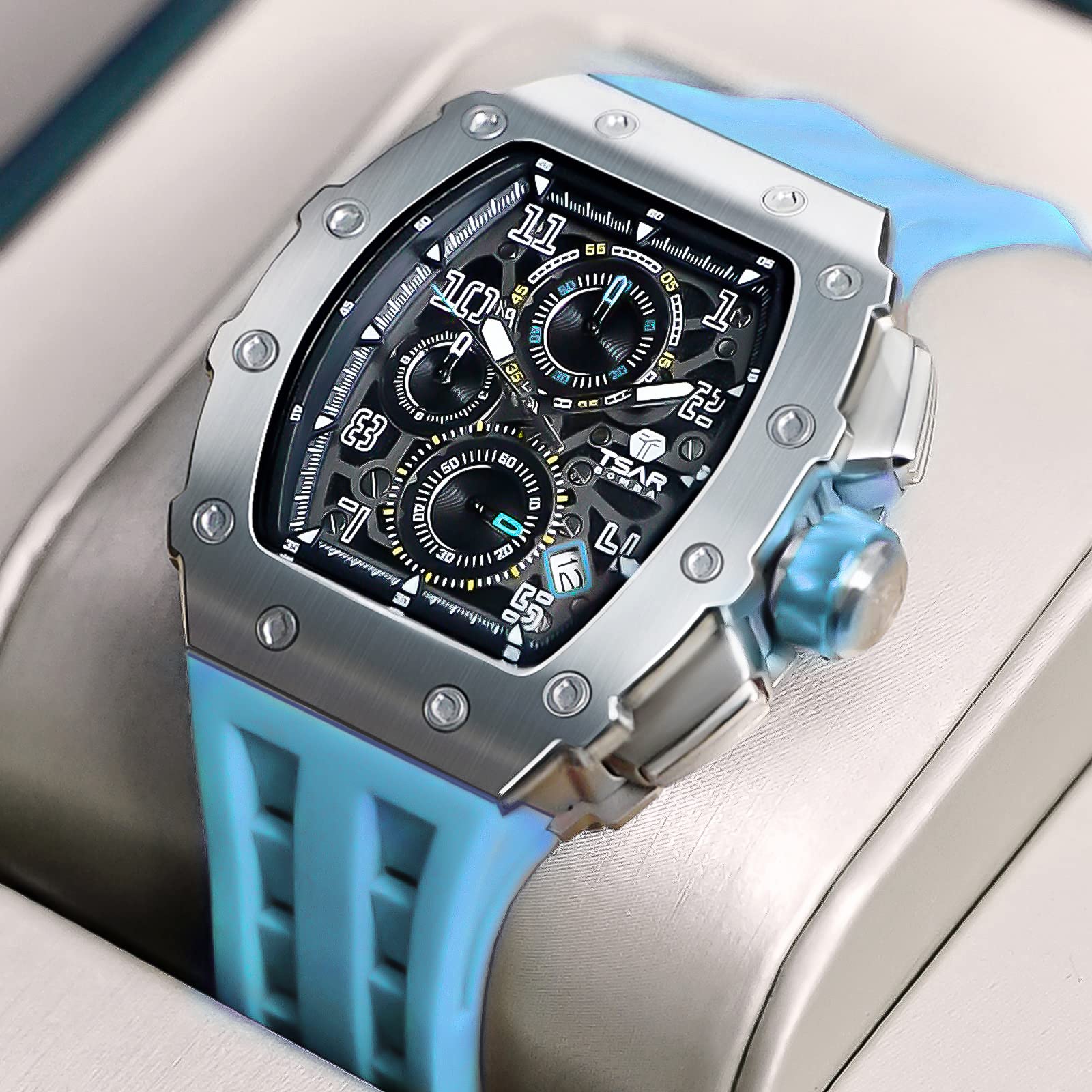 TSAR BOMBA Relojes Cuarzo Hombre Tonel Lujo Reloj de Pulsera Cristal Zafiro Movimiento Japonés Impermeables 50M Luminoso Fecha Esqueleto Cuadrados Analogico Deportivo Cronógrafo Reloj de Hombre