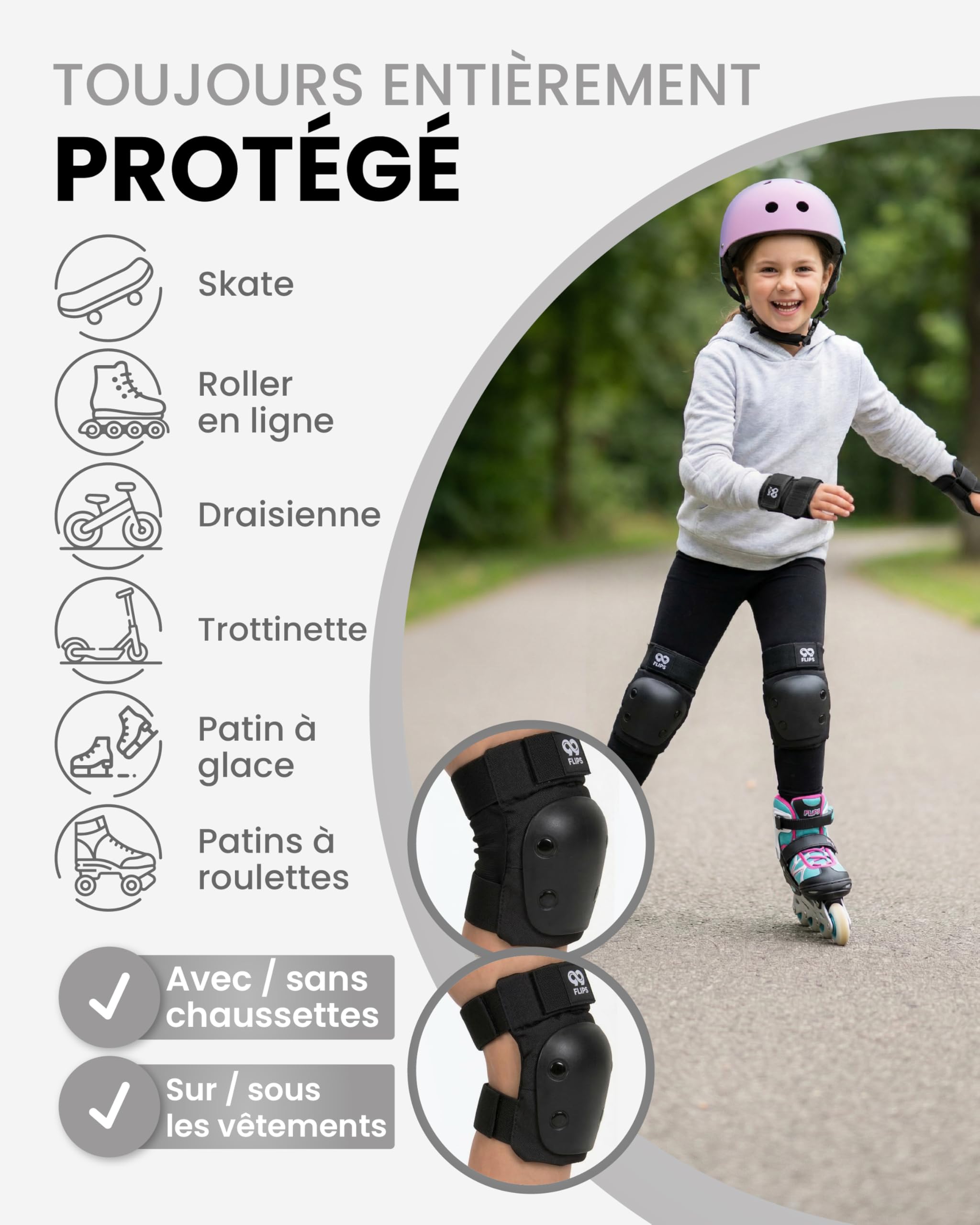99FLIPS Protection Skateboard Enfant - Protection Velo Enfant 3 Ans - Protege Genoux Skateboard, Skate et Freestyle BMX - Slide - Taille SM Noir