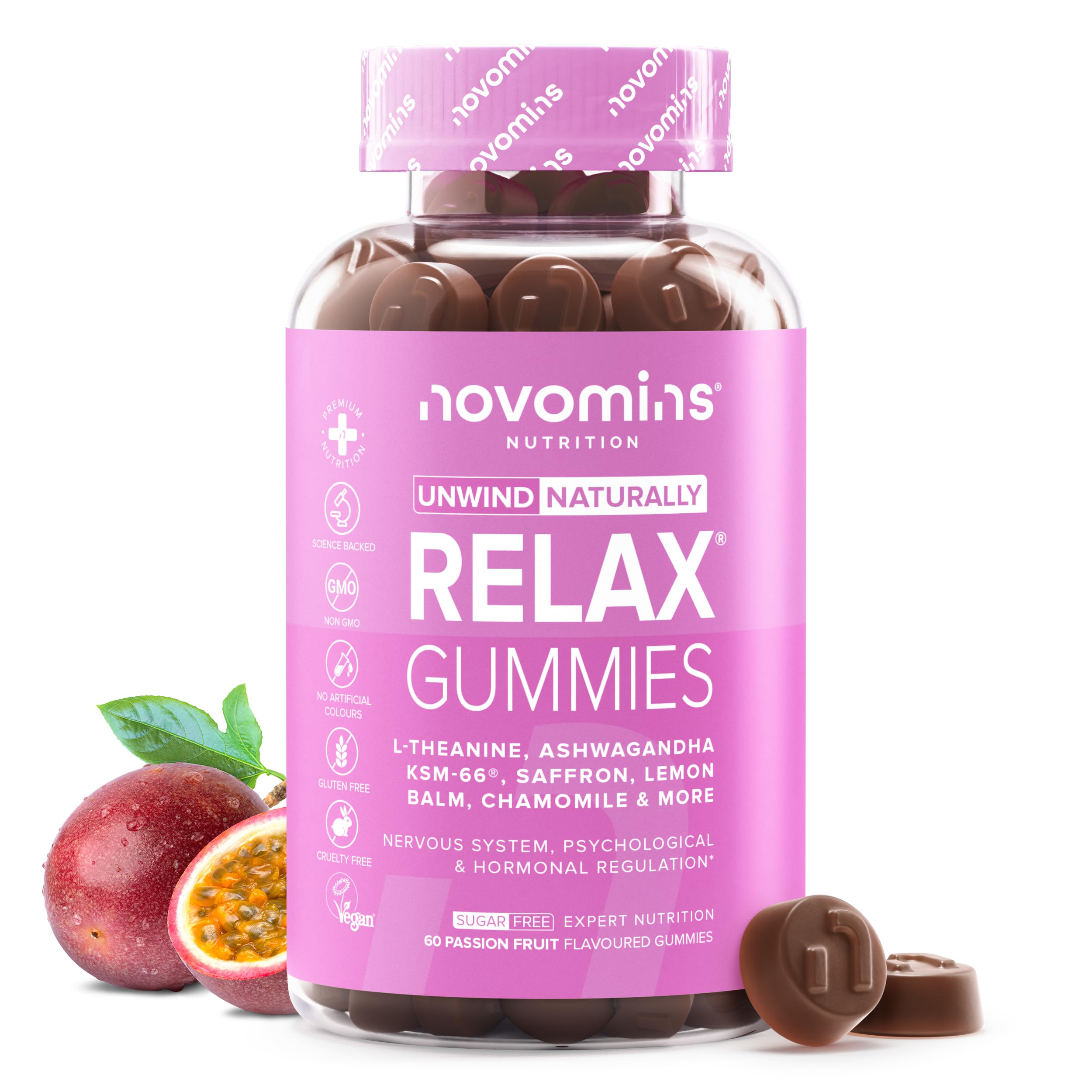 Gominolas Relax - Ashwagandha KSM-66, L-Teanina, Azafrán, Melisa y Manzanilla con Vitaminas B6 y B12 - Apoyo para la Relajación y la Función Psicológica y Hormonal - Vegano y Sin Gluten - 60 Gominolas