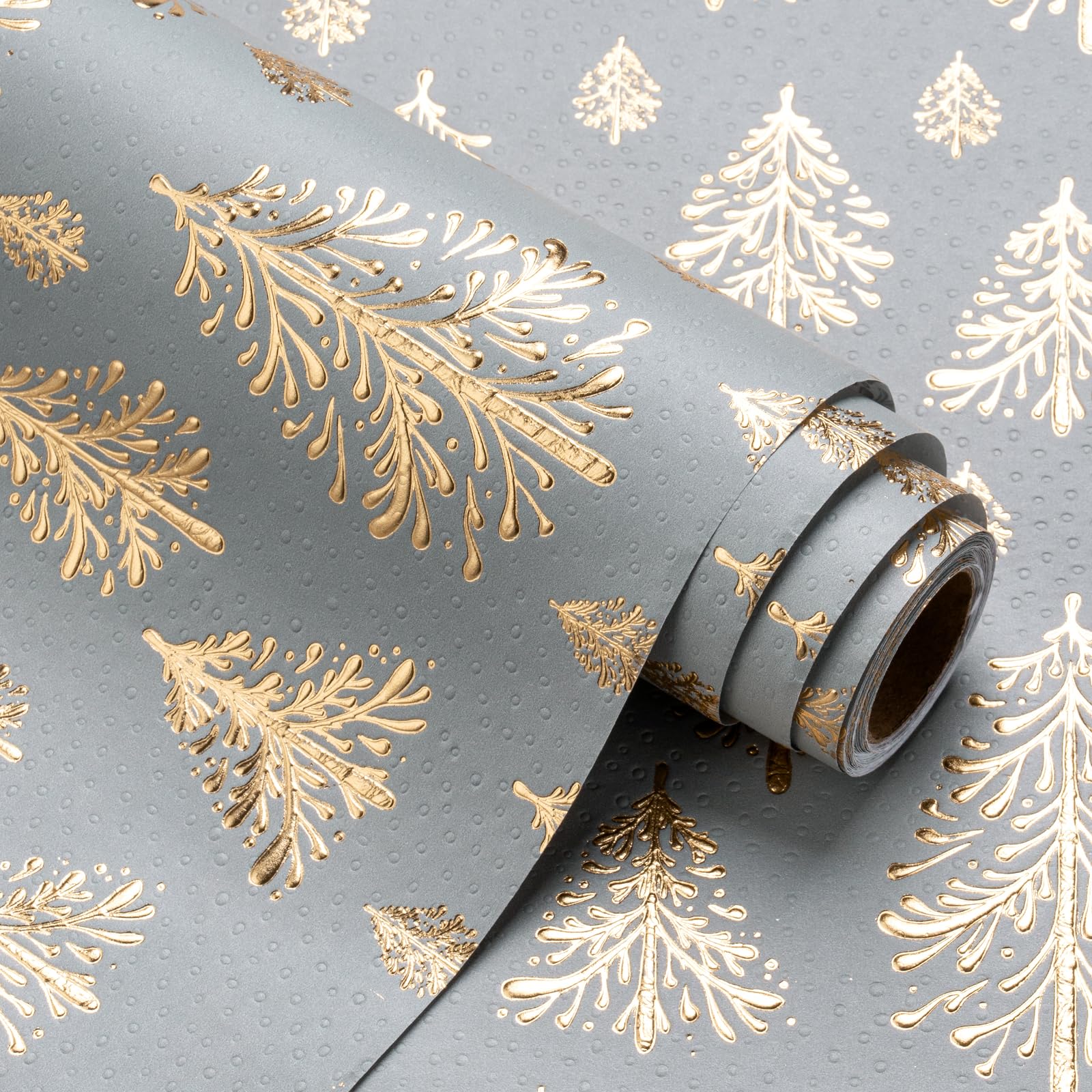 RUSPEPA 3D Kraft Christmas Wrapping Paper Roll - Mini Roll - 43.2cm x 5m - Gold and Light Grey Christmas Tree Design with Embossed Perfect for, Party Celebration