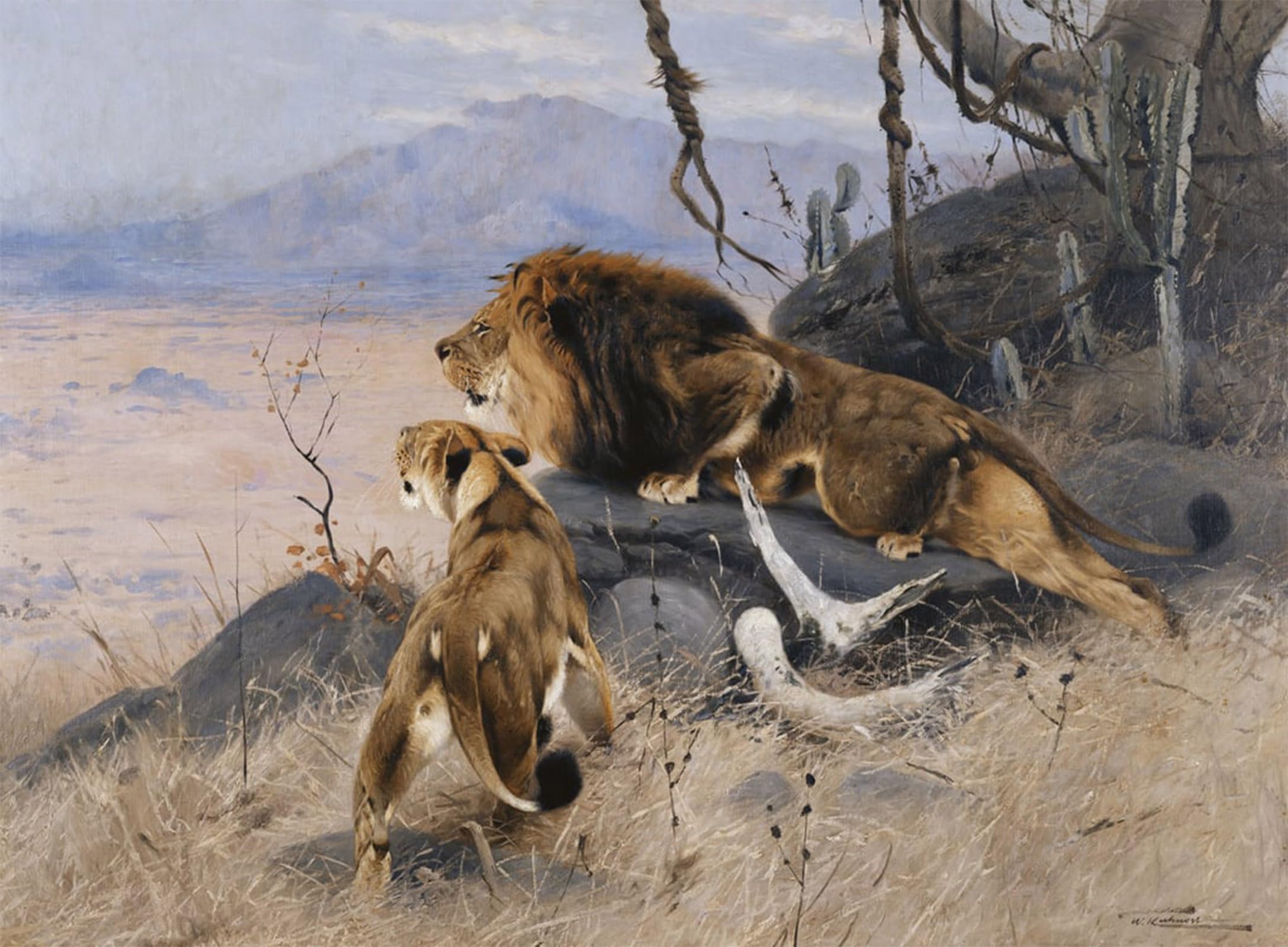 POSTERIIk Vintage Classic Picture Landscape Artwork Lion and Lioness by Wilhelm Kuhnert Portrait Canvas Painting for Office Home Decor 60x90cm