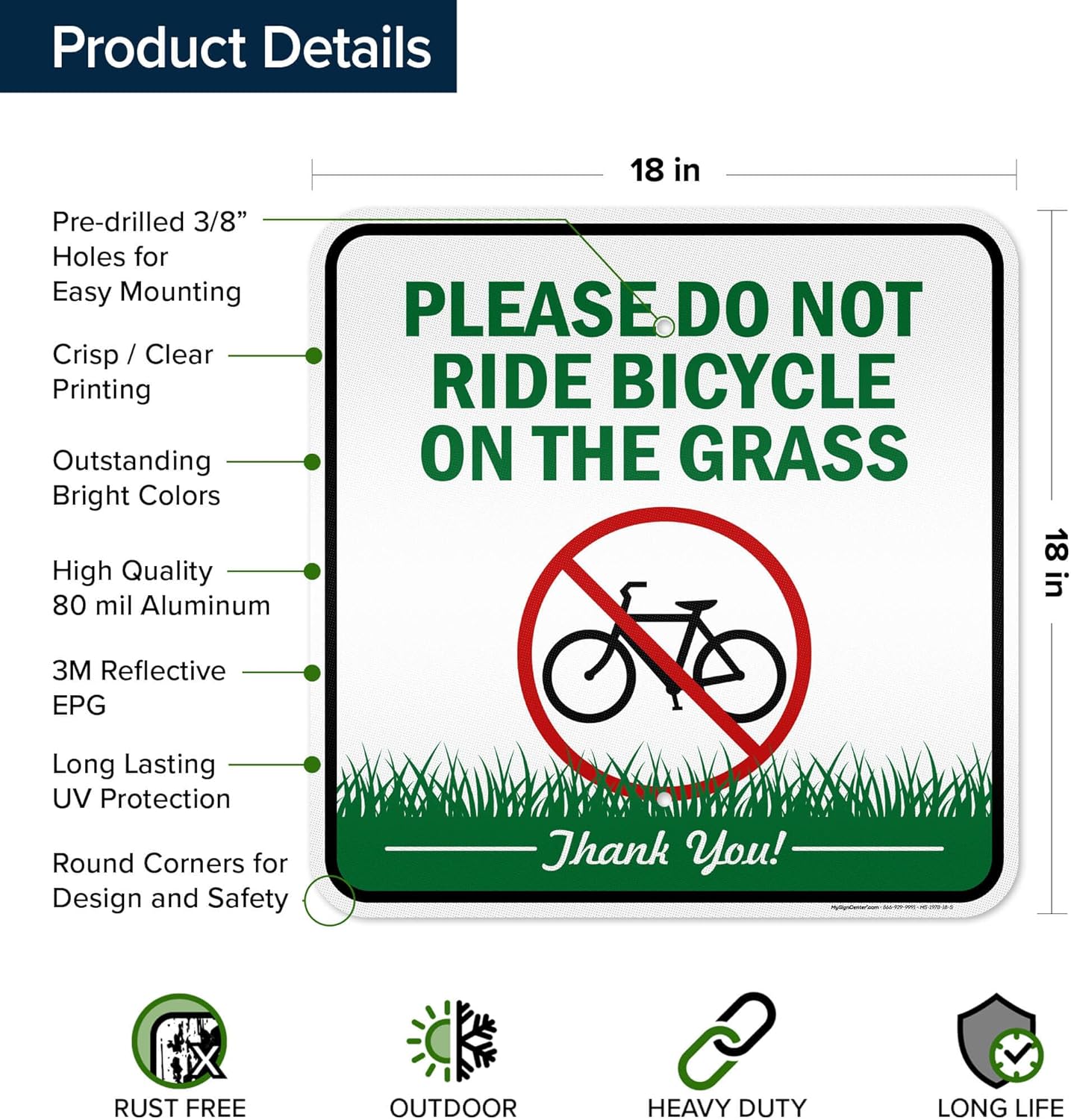 Please Do Not Ride Bicycle On The Grass Sign, 18x18 Inches, Rust Free .063 Aluminum, Fade Resistant, Made in USA by My Sign Center