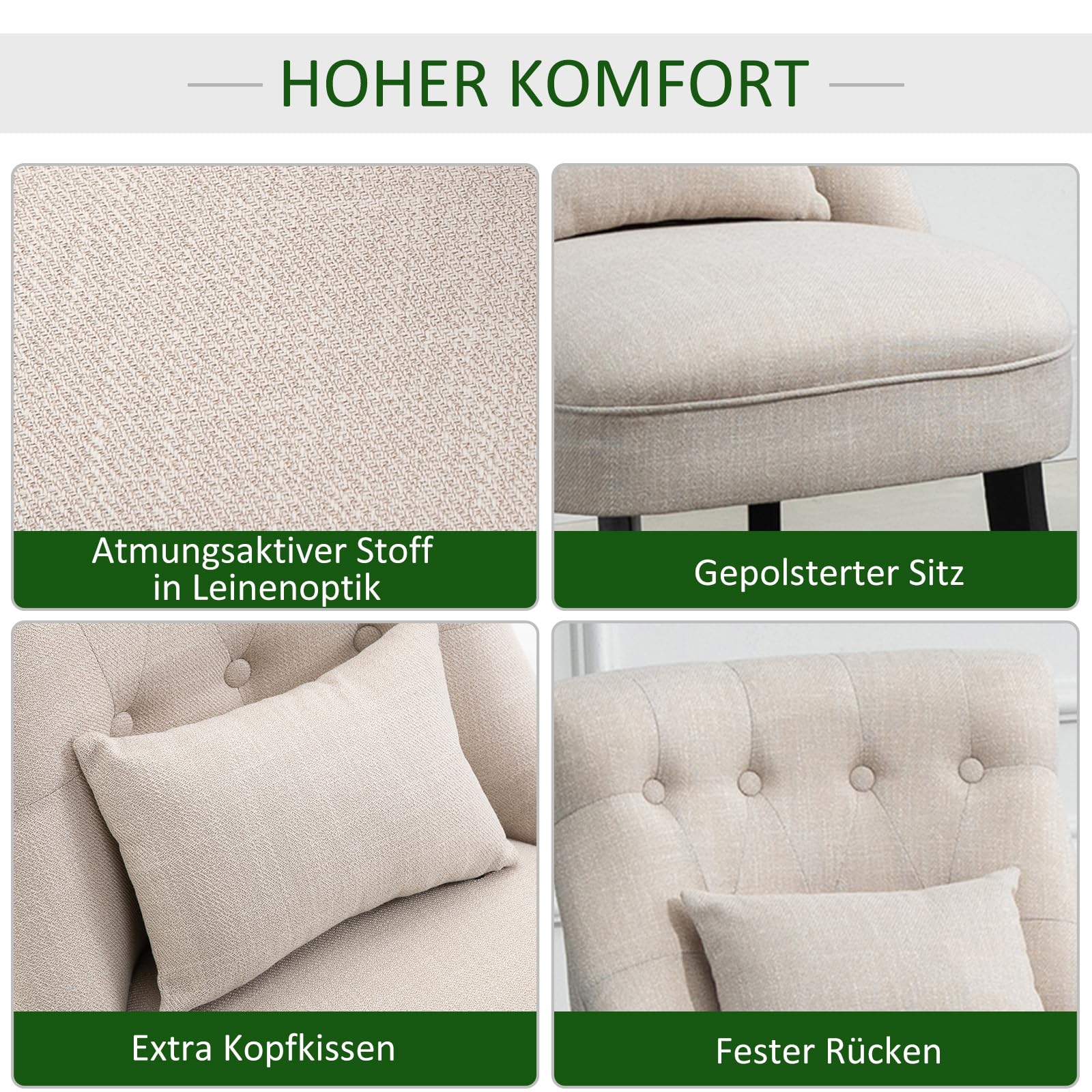 HOMCOM Loungesessel Ruhesessel mit Rückenkissen Holzbeine Cremeweiß | Relaxsessel, Sessel, Lesesessel mit Leinenoptik, Polstersessel für Schlafzimmer