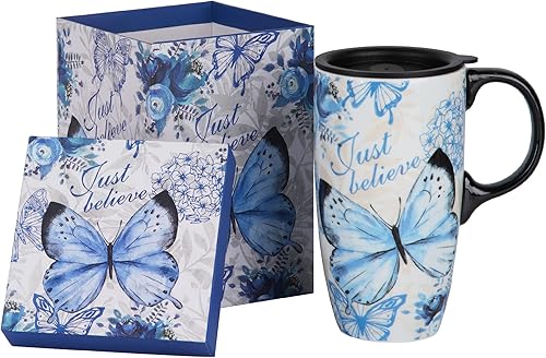 Topadorn Taza de café de cerámica con tapa y caja a juego, 17oz.Butterfly, Just Believe