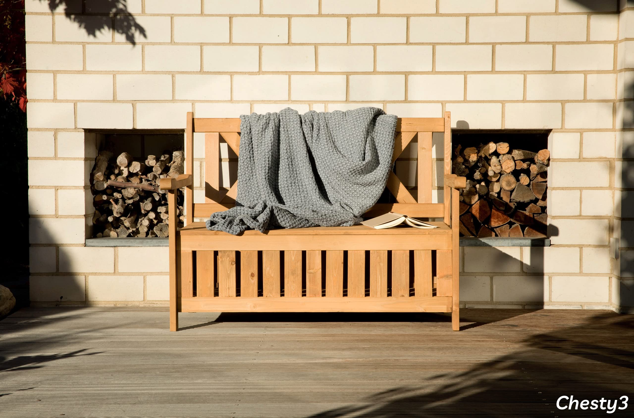 needs&wants® Banc de Jardin en Bois résistant aux intempéries avec Espace de Rangement et Couverture, Coffre 2 Places, de Parc Jardin extérieur avec Coffre