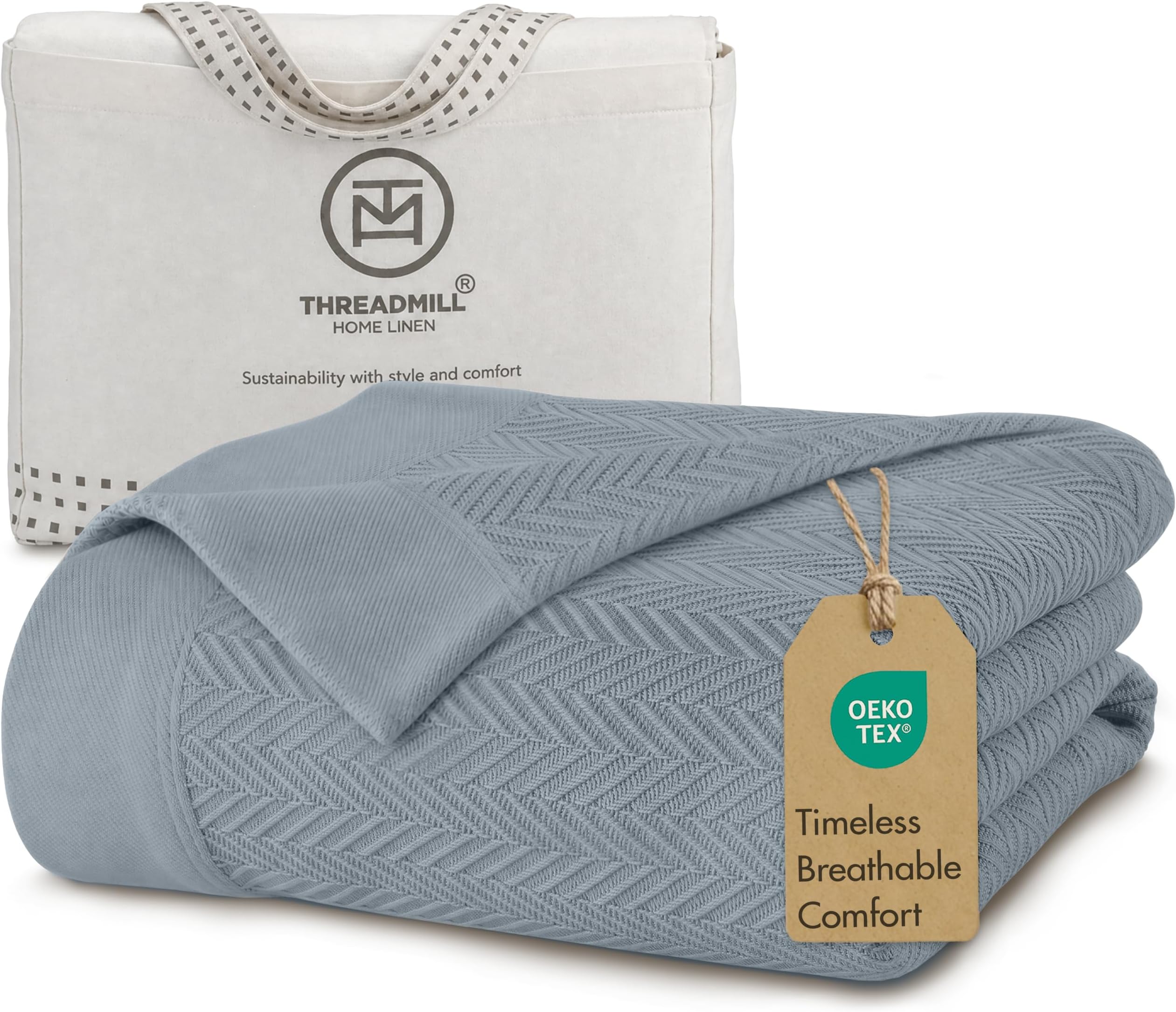 Threadmill Luxury Cotton Blankets for Queen Size bed | All-Season 100% Cotton Queen Size Blanket | Herringbone Cozy Lightweight, Soft Breathable Fall Thermal Blanket fits Full Size Bed | Scottish Grey