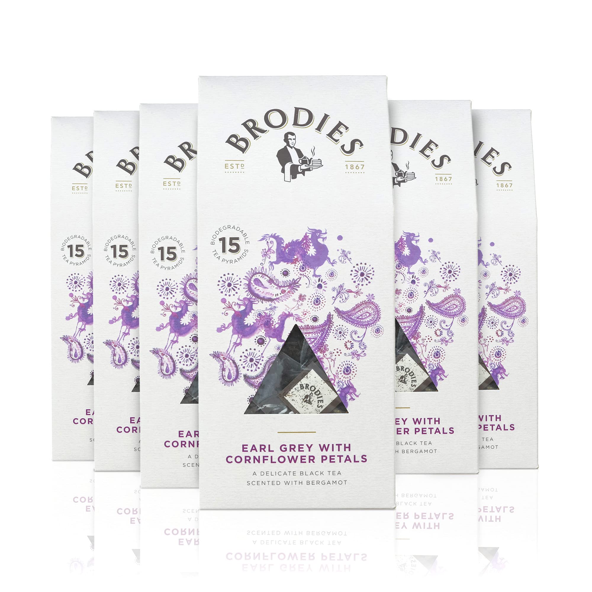 Brodies - Earl Grey With Cornflower Petal Tea in Biodegradable Pyramid Bags - 100% Natural Eco-Friendly and Sustainably Sourced - 6 Boxes Of 15 Tea Bags - Total Of 90 Plastic Free Pyramid Teabags