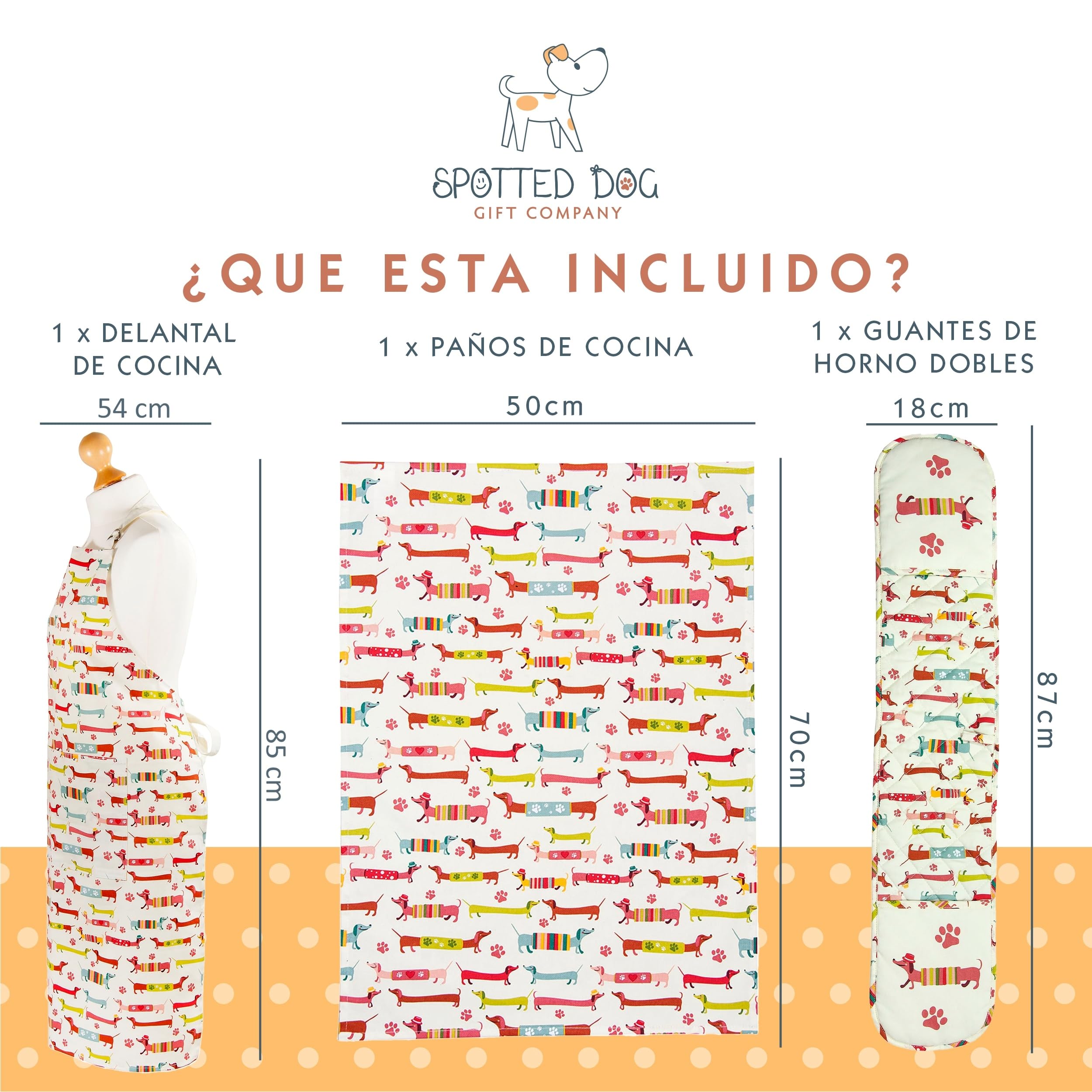 SPOTTED DOG GIFT COMPANY Juego de Regalo de 3 Piezas con Delantal, Paño de Cocina y Guante de Horno Doble, Accesorios Cocina Originales de Perros Salchicha, Regalos para Amantes de los Perros