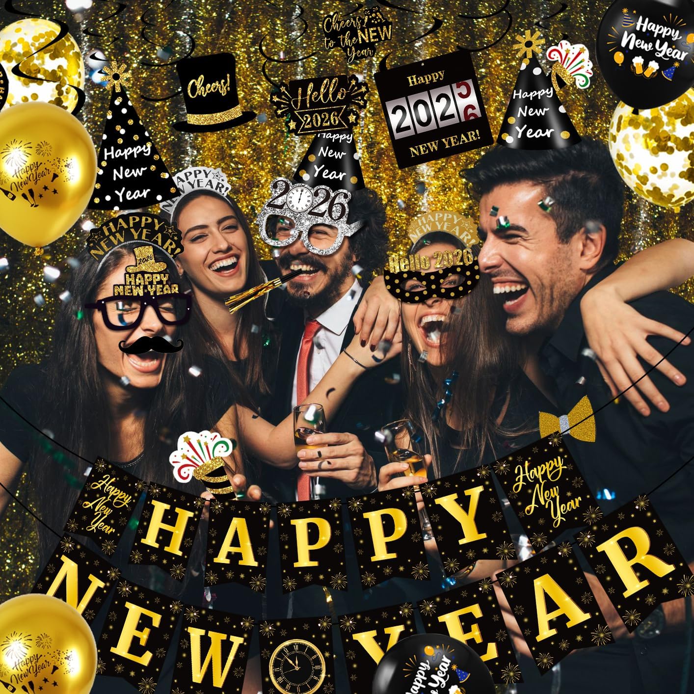 MOVINPE New Year Eve Party Decorations Kit 2026 - Happy New Year Party Supplies, Banner Cone Hats Tiaras Curtain Hanging Swirls Squawkers Blowouts Number Balloons Photo Booth Props Serve 20 - Image 3