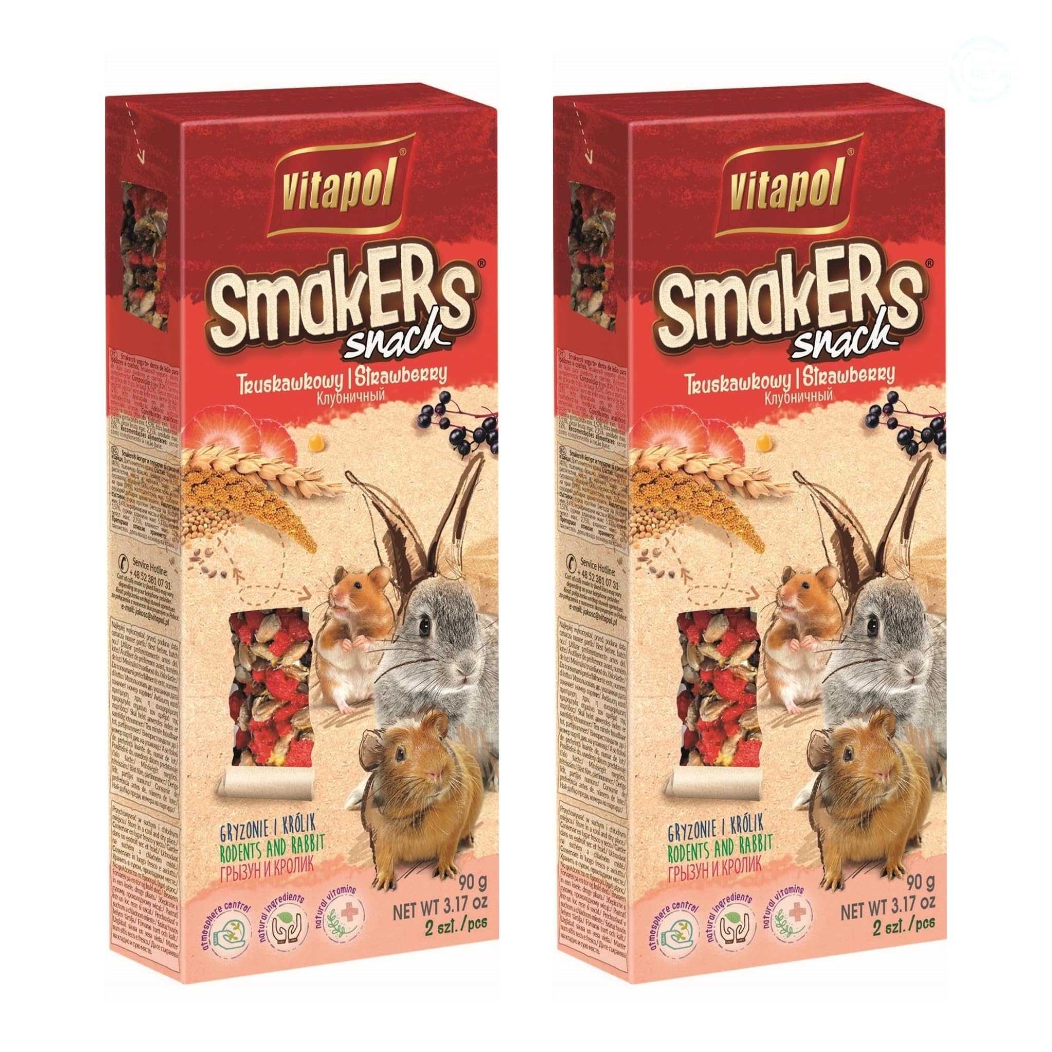 Vitapol Smakers® Natural Treat Sticks for Rodents & Rabbits – Enriched with Fruits, Vegetables, Herbs, Nuts & Probiotic Yoghurt – Healthy Complementary Snacks (8pcs, 360g, Strawberry)