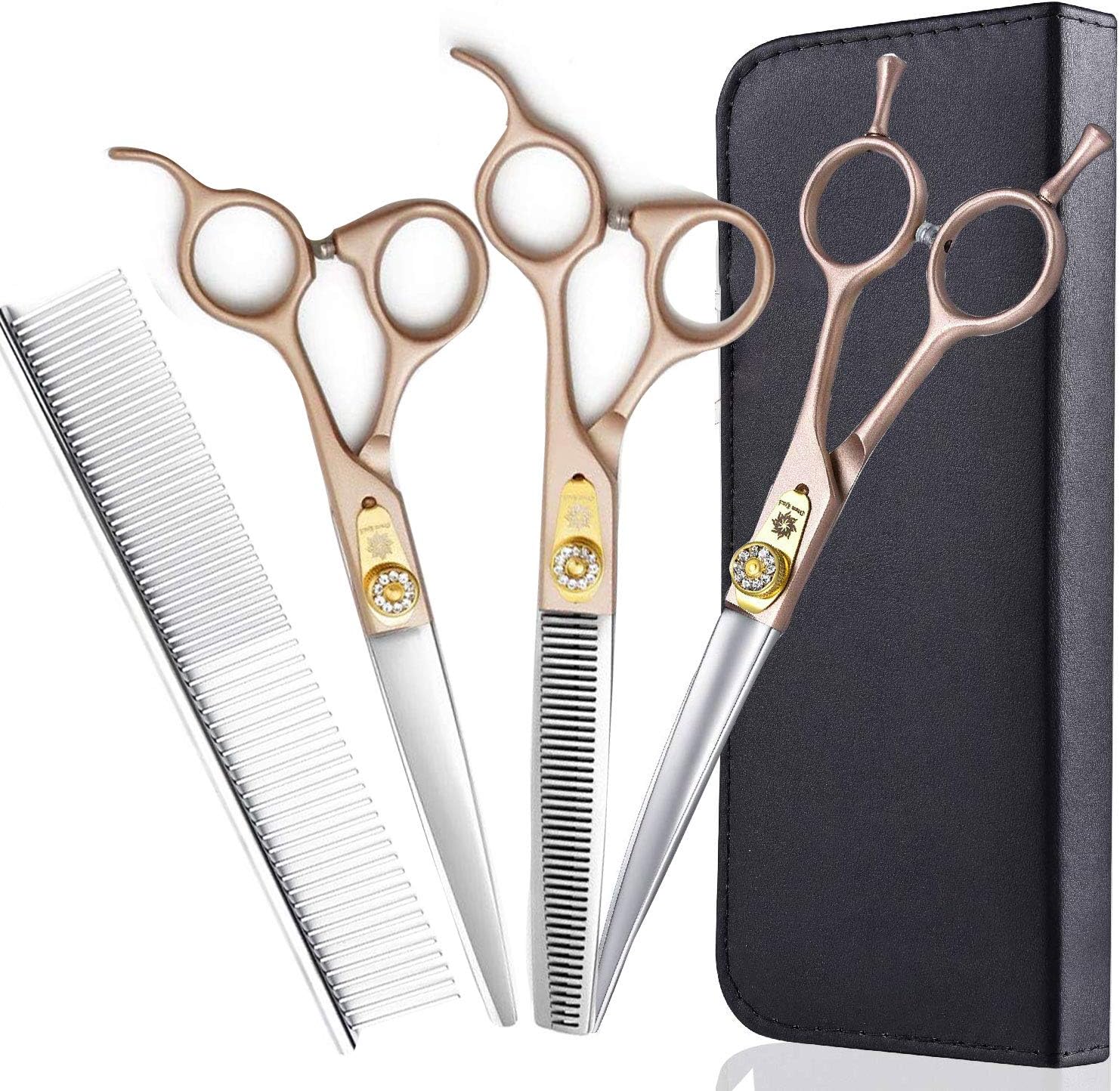 7 Inches Professional Pet Grooming Scissor, 440C Japanese Steel Straight & Curved & Thinning & Chunker Shears/Scissors for Dog Cat and More Pets (7 inch-Grooming Scissors Set)