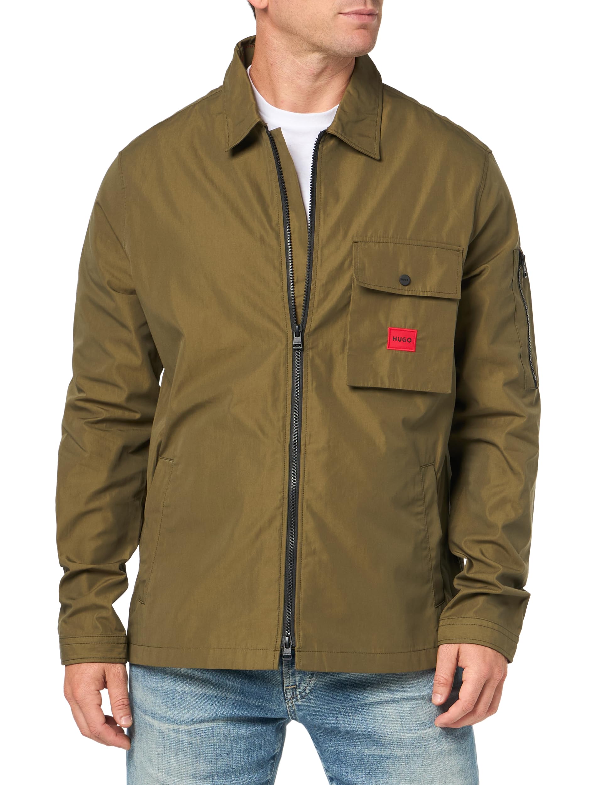Hugo Men's Military Green Cotton Mix Canvas Zip Up Overshirt, Medium