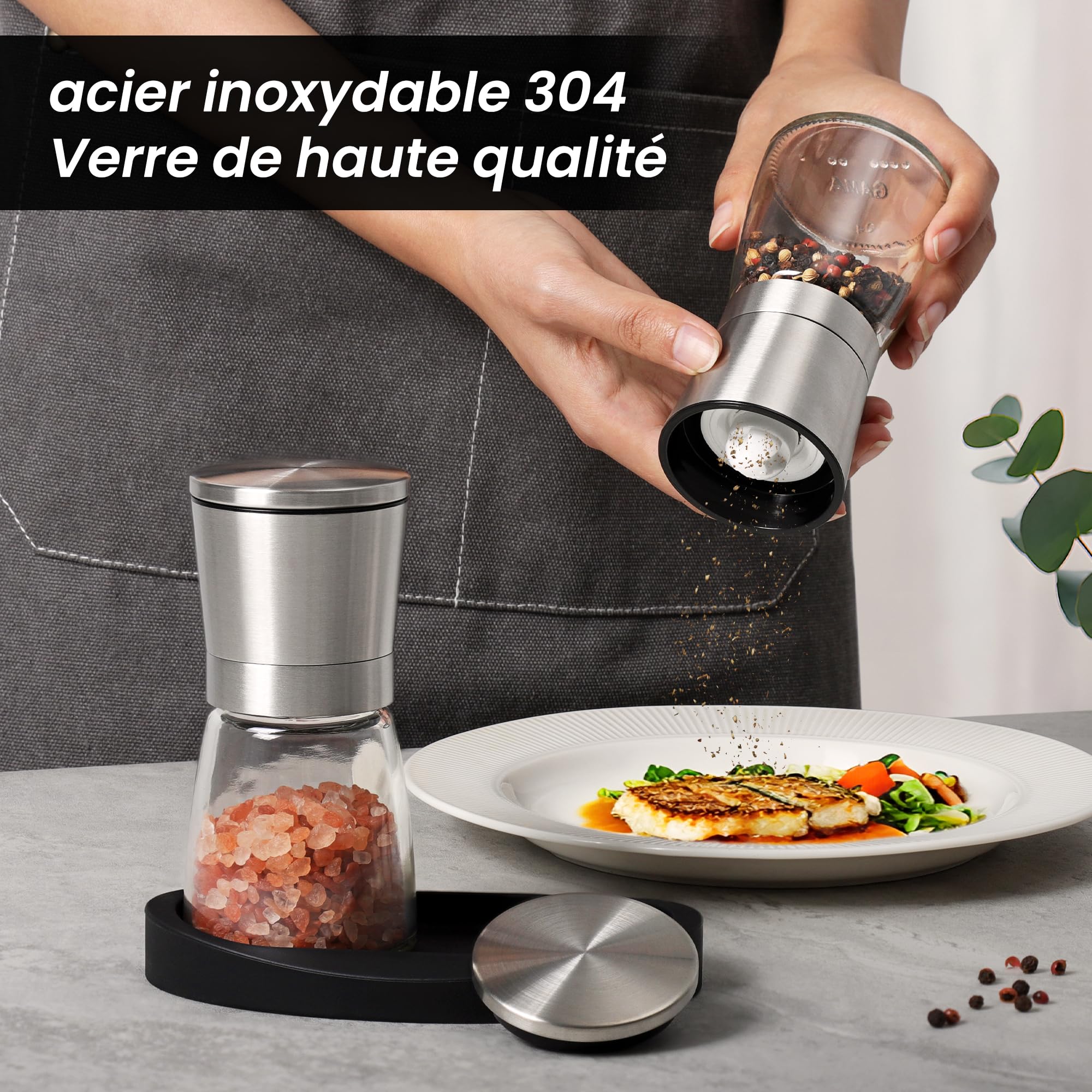 Vevouk Ensemble de moulins à sel et à poivre, en céramique, réglable, en acier inoxydable, avec support en caoutchouc pour moudre le poivre, la cuisine [Classe énergétique A++]