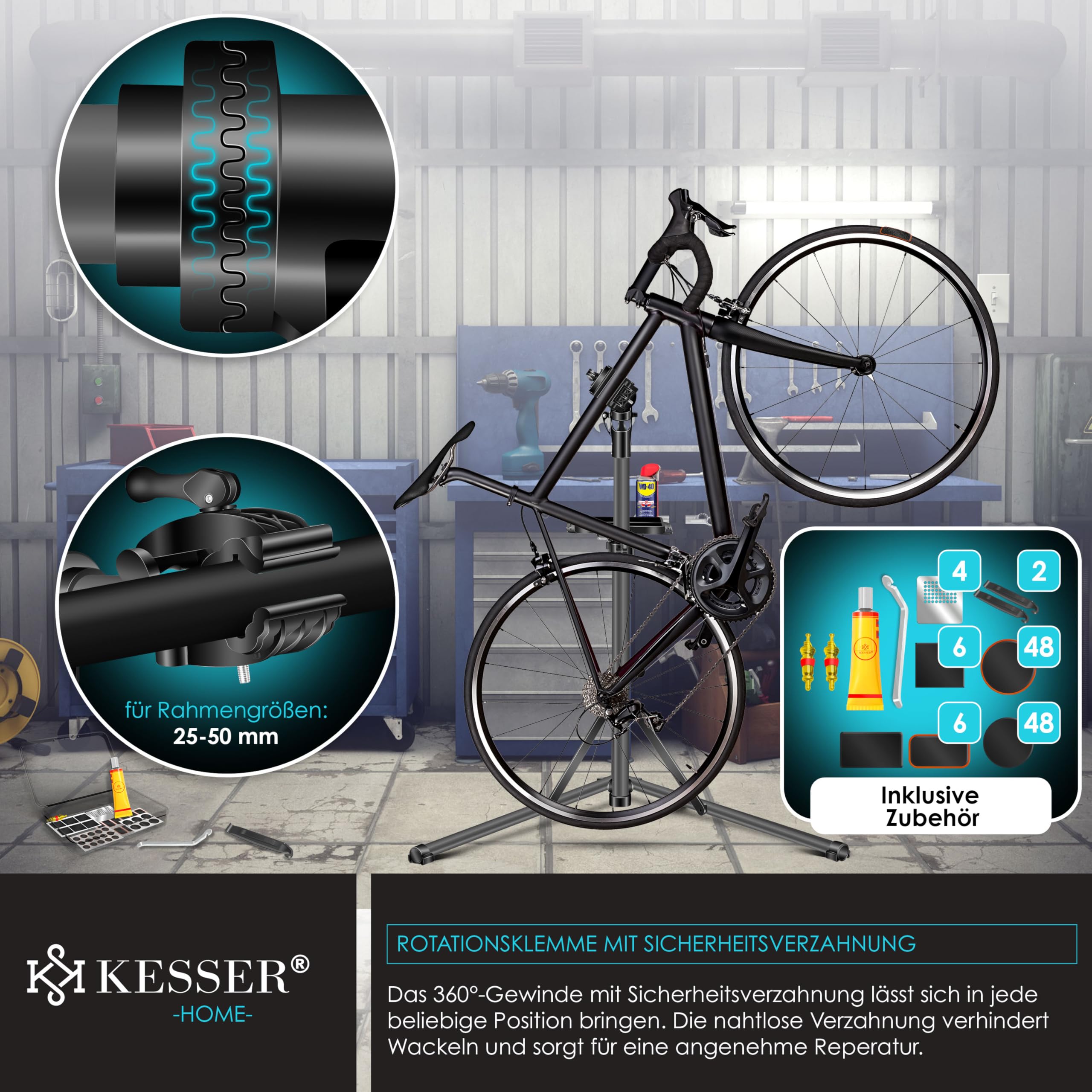 KESSER® Fahrradmontageständer Profi Alu Reparaturständer für Fahrräder Mountainbikes E-Bikes Schwerlast-Montageständer Fahrradständer 360° drehbar + Tasche, Flickzeug Set & magnetische Werkzeugablage