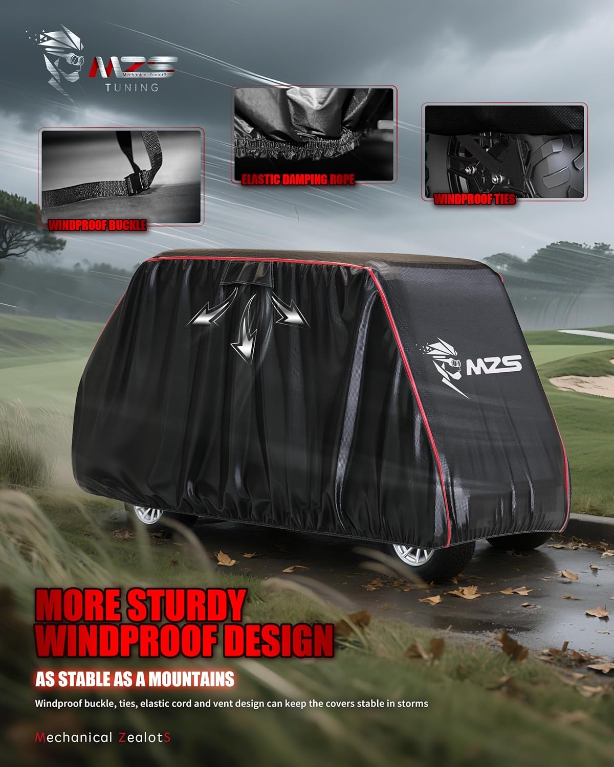 MZS Golf Cart Cover Compatible with 2/4/4+2 Passenger Car, Heavy Duty 600D Waterproof Golf Cart Covers Outdoor Accessories with Zipper Cotton Wind Sun Rain Proof Reflective Vents