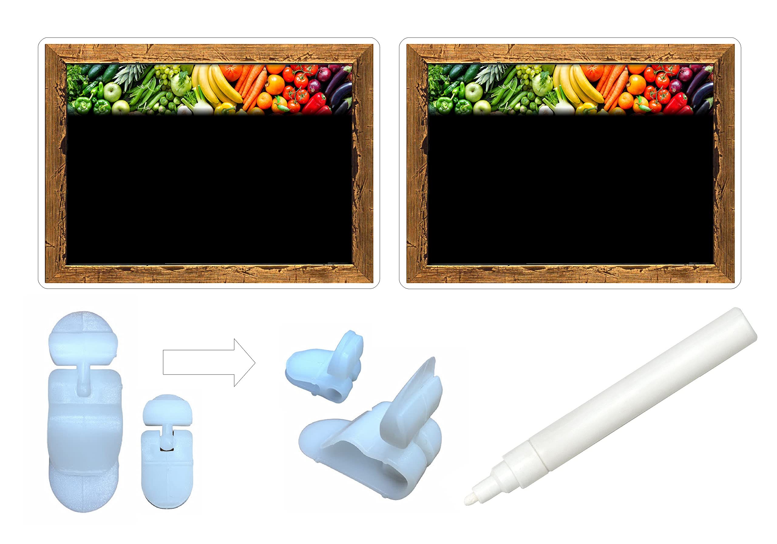 KIT 30 SEGNAPREZZI PLASTIFICATI FRUTTA E VERDURA 8,3X11,3 cm. (con stampa tipo "lavagna" su sue lati) +30 SUPPORTI (15 GRANDI 15 PICCOLE) +1 PENNARELLO BIANCO PER ALIMENTI