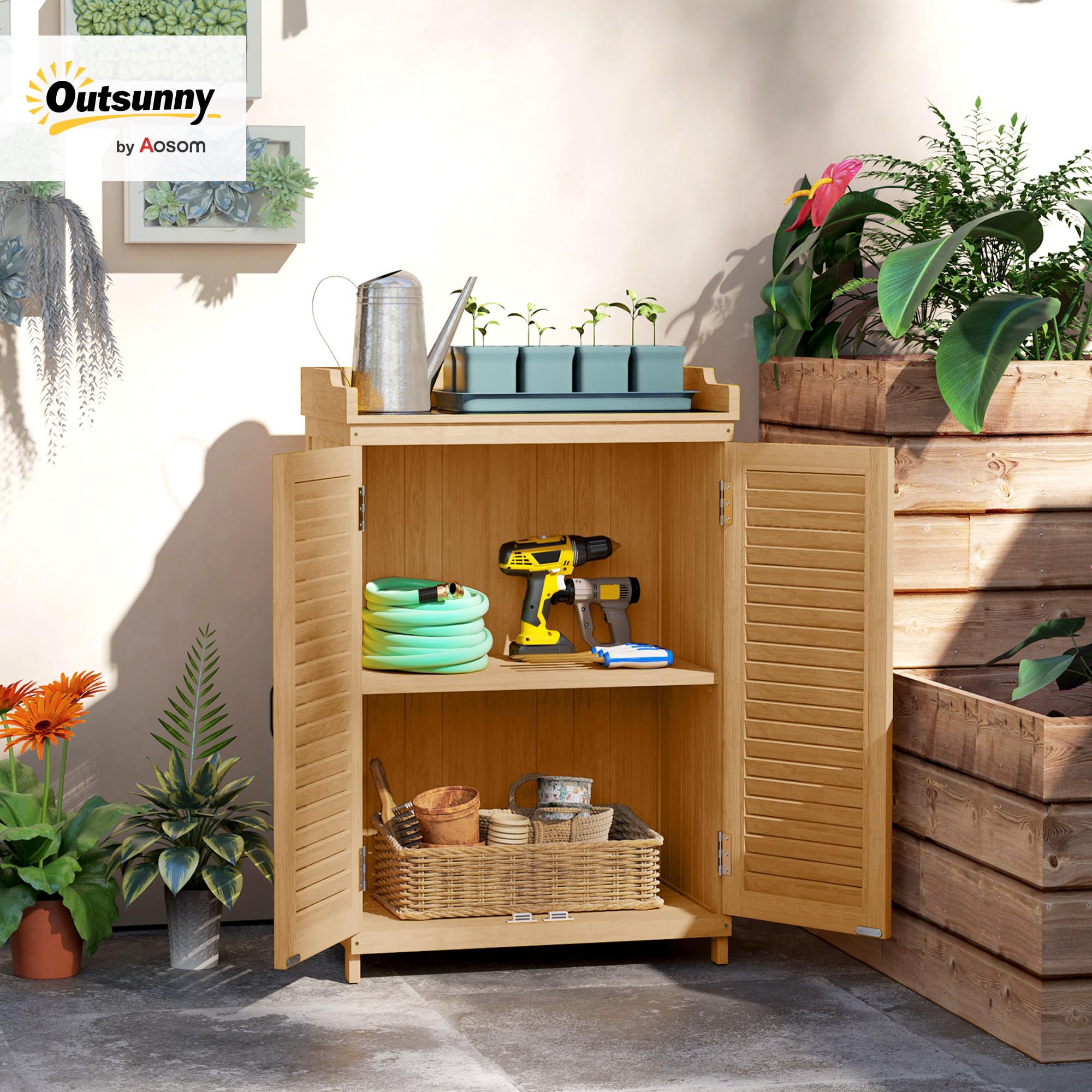 Outsunny Gartenschrank Holz, Geräteschuppen mit Arbeitsfläche, wetterfest Geräteschrank, 65,5x40x98,5cm, Gerätehaus mit Lamellentür, Ablagen, Werkzeugschrank Gartenschuppen für Garten, Terrasse, Gelb