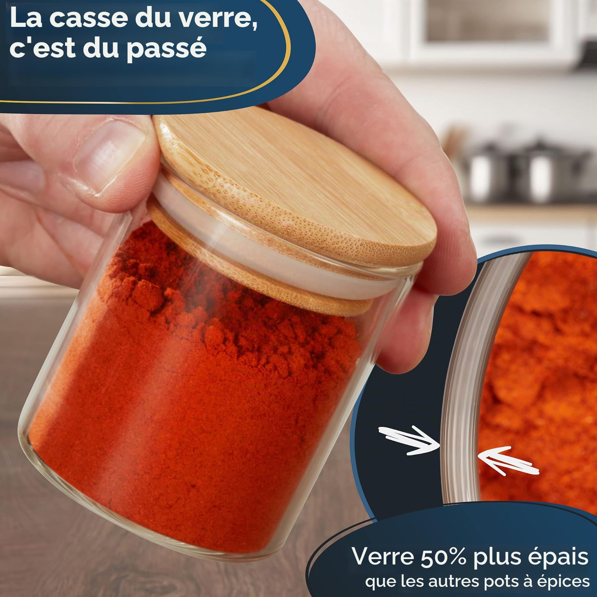CLIDOR Lot de 12 pots à épices ronds de 125 ml, épaisseur du verre accrue, boîtes à épices empilables avec couvercle en bambou, récipients à épices hermétiques pour la cuisine, pots à épices