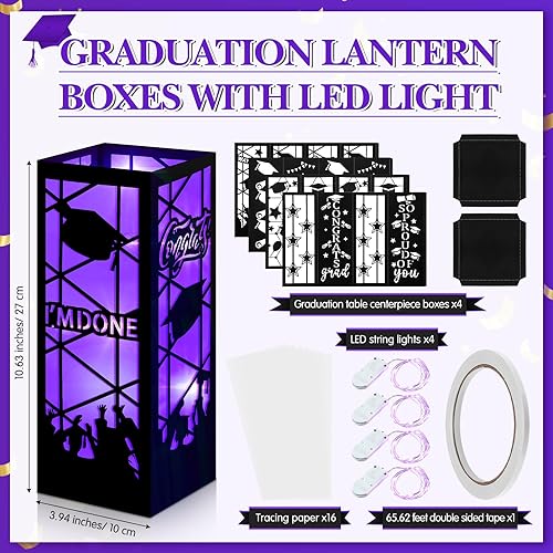 Miniatura 3 de 4 piezas de centros de mesa de graduación 2025 faroles de mesa de graduación 2025 con cadena de luces LED para suministros de fiesta universitaria