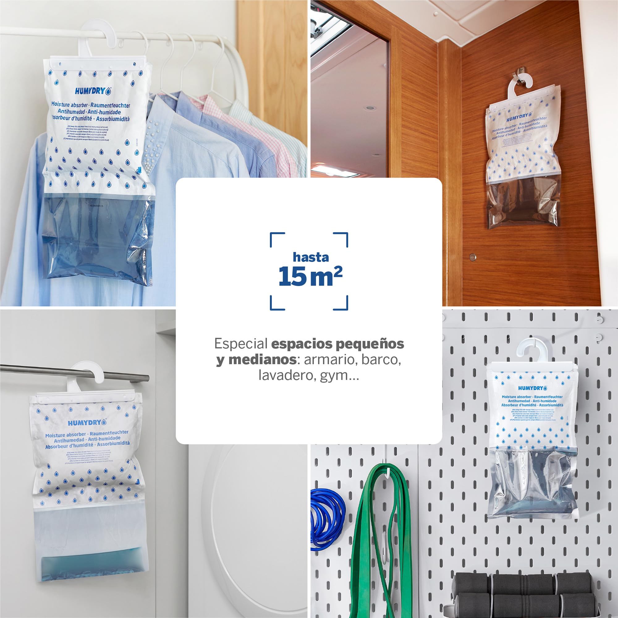 Pack de 3 Bolsas antihumedad Percha - Absorbe Humedad de Armarios - Espacios de hasta 15 m2 - Fragancia Neutro - Contenido: 3 unidades de 450 gr - Humydry