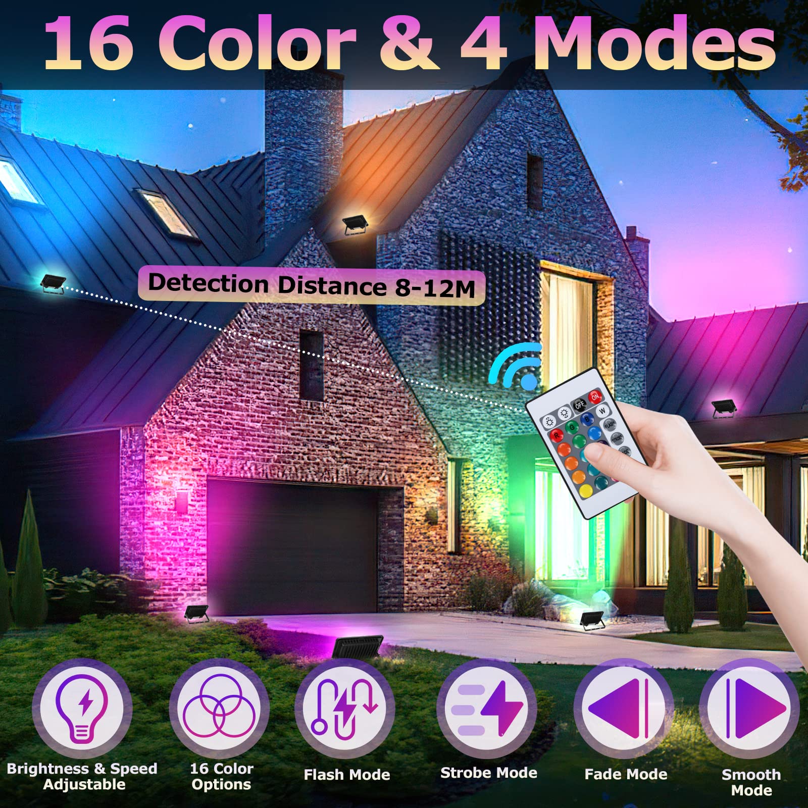 2 faretti LED RGB da 20 W, con telecomando, 16 colori, 4 modalità, IP66, impermeabili, colorati, dimmerabili, con funzione memoria, faretto LED RGB per terrazze, verande