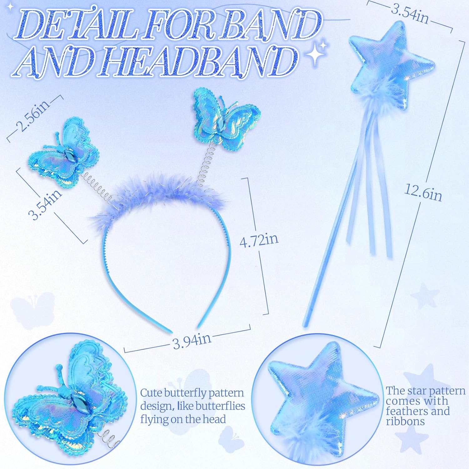 4 Pcs Butterfly Fairy Costume for Girls Kids Princess Cosplay Costume Set with Wings, Tutu Skirt, Wand for Girls 3-8 Years Blue - Image 3