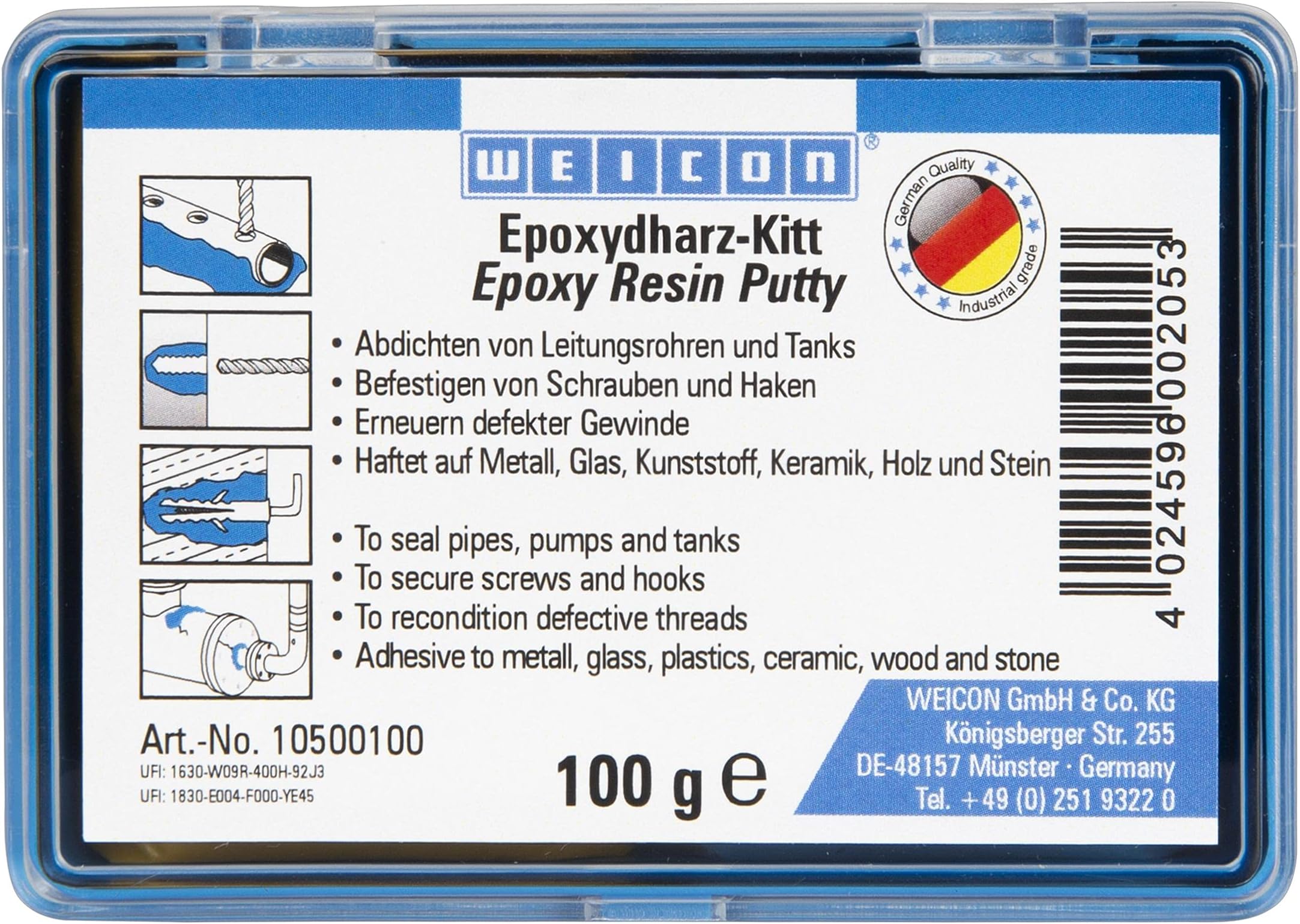 WEICON Epoxy Resin Putty 100g Kneadable Universal Repair Compound in Complete Package