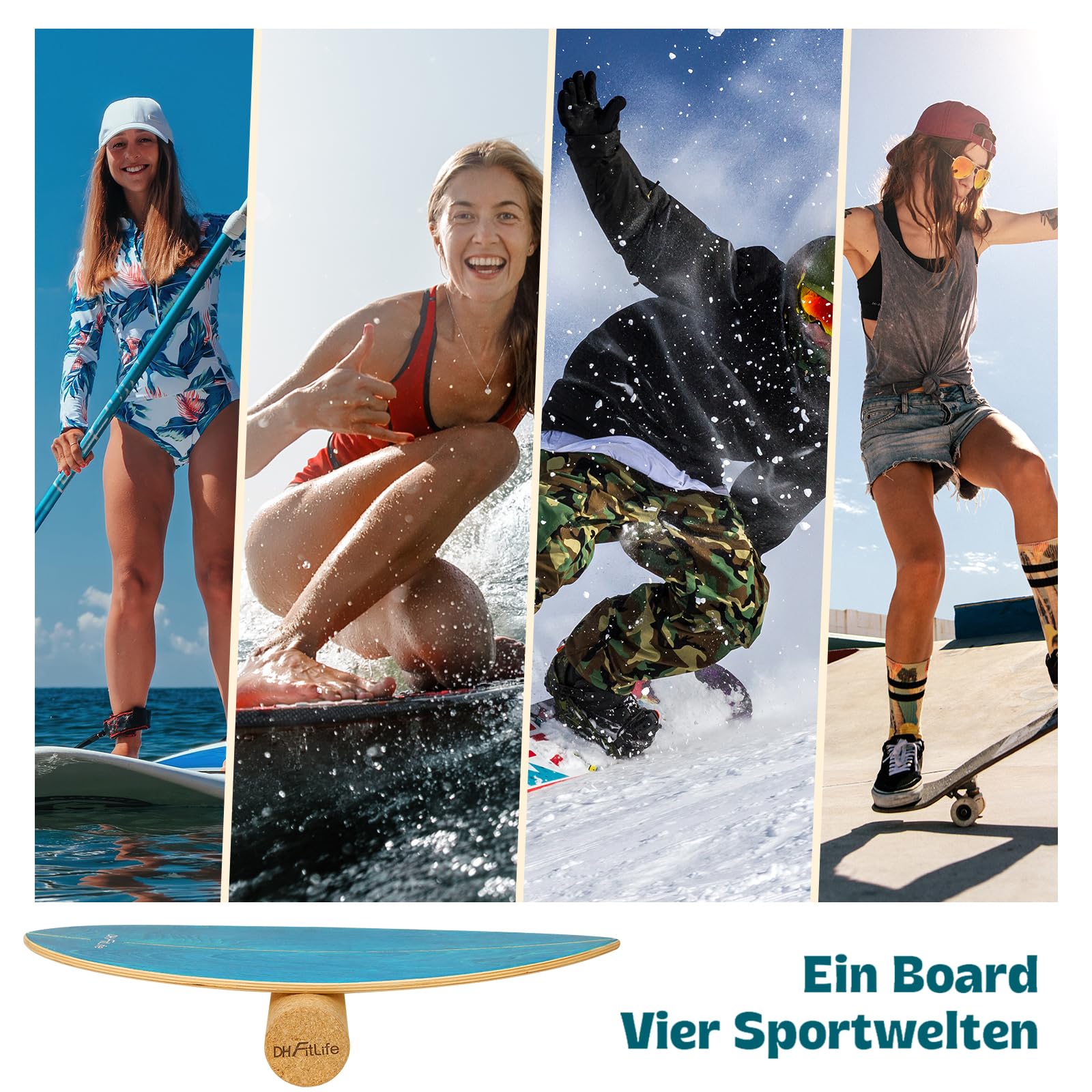 DH FitLife Surfbrett Kit Surfing Balance Board aus Echtholz | Indoor Surfboard mit Rocker Shape | Wackelbrett für Erwachsene | Spaß & Training Zuhause