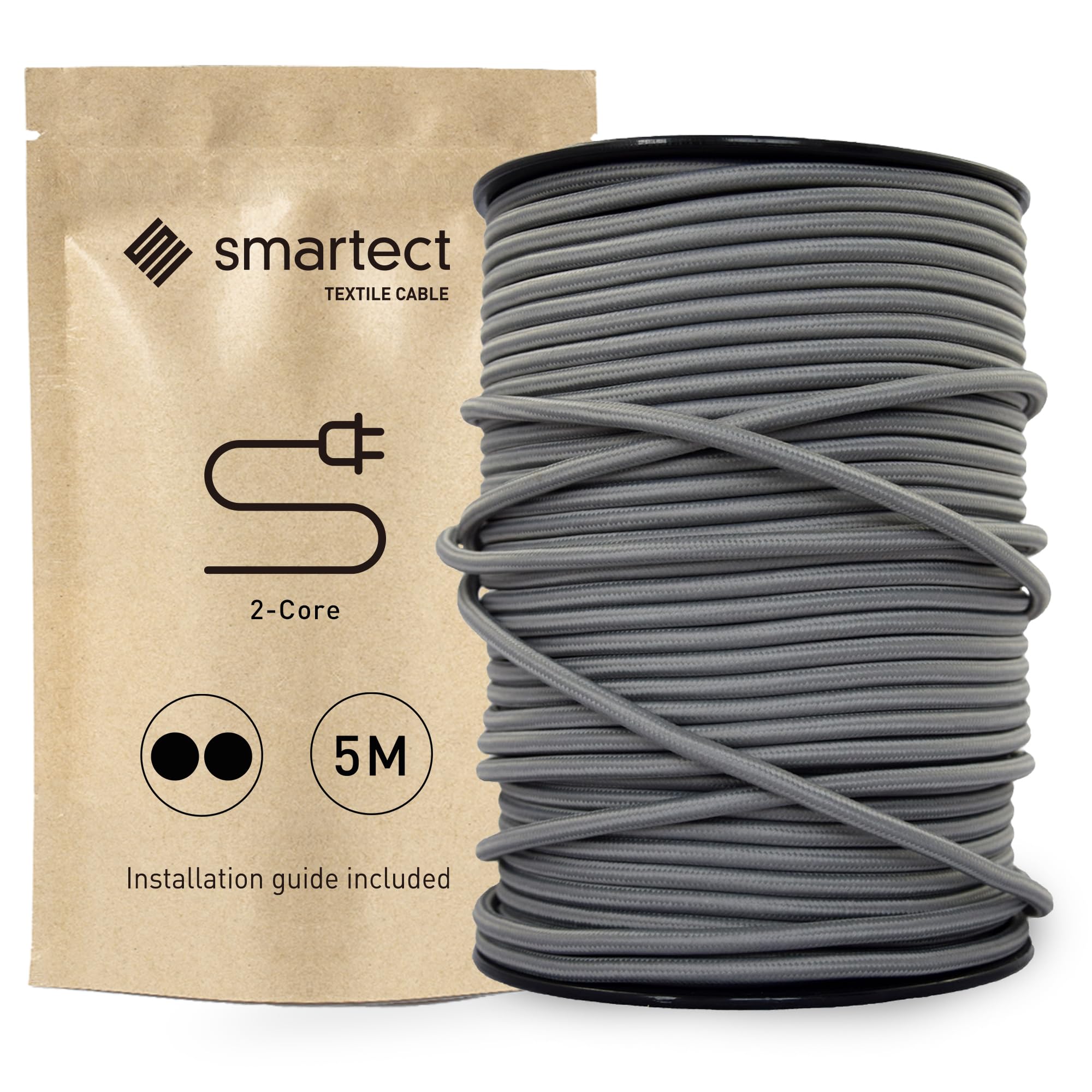 smartect Braided Cable, Dark Grey, 5 Metres 2 Core Electrical Cable (2 x 0.75mm²) Vintage Fabric Electrical Wire for your DIY project