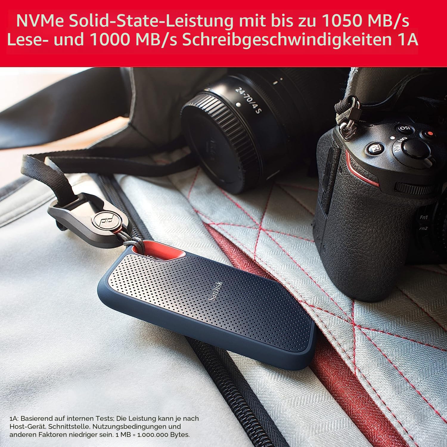 SANDISK Extreme Portable SSD 1 TB NVMe USB-C 1050 MB/s Lesen 1000 MB/s Schreiben wasserdicht staubdicht Schwarz