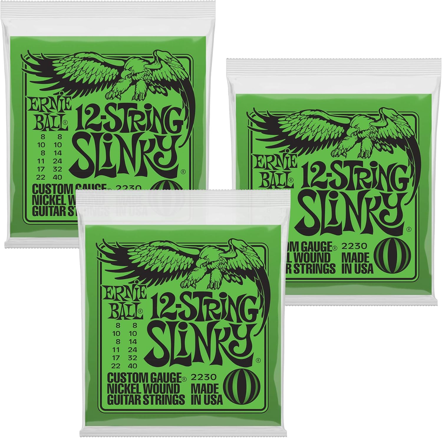 3 PACK Ernie Ball 2230 12-String Slinky Nickel Wound Electric Guitar 8-22/8-40