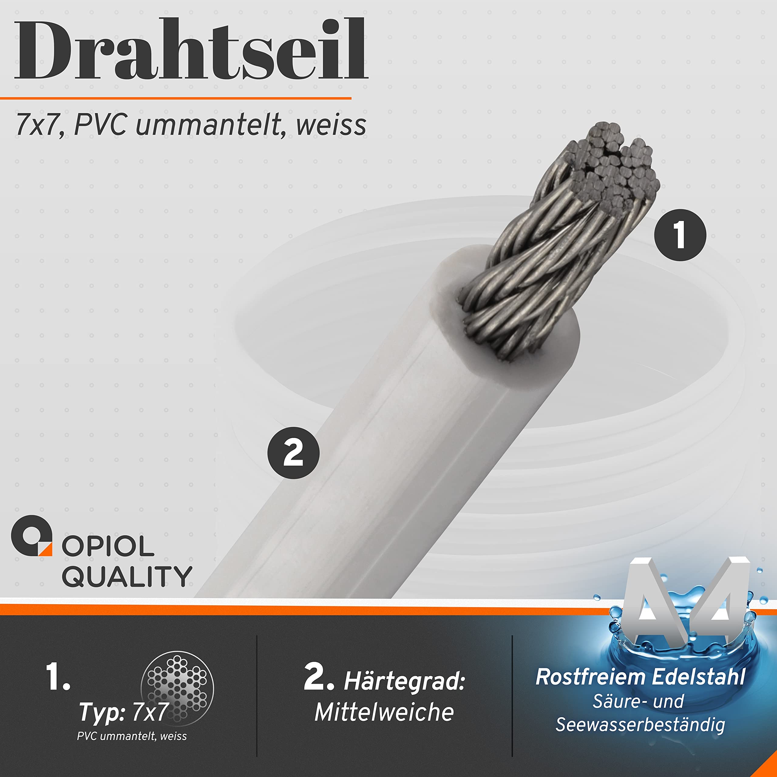 4/5 mm Drahtseil 7X7, PVC ummantelt, transparent, Edelstahl A4 (30 Meter) Stahlseil Zubehör Draht Edelstahldrahtseil Geländerseil Hängender Drahtspule
