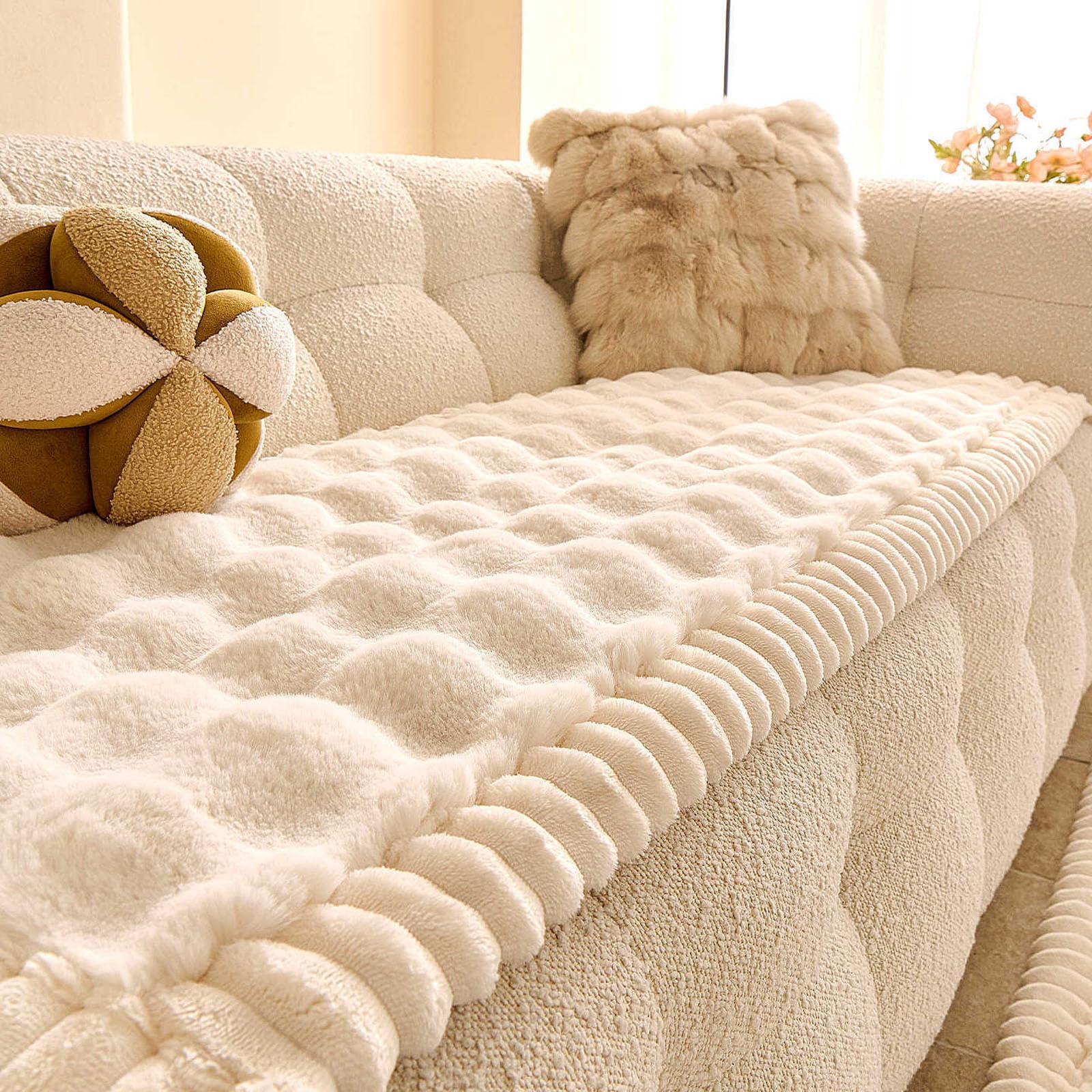 Générique Housse de Canapé Épais Peluche,Protege Canape Cuir Anti-dérapant | Housse Canape D'angle Couverture pour Canapé Tapis Rebord de Fenêtre Protection pour Canapé en Cuir de Salon,White,80x180cm