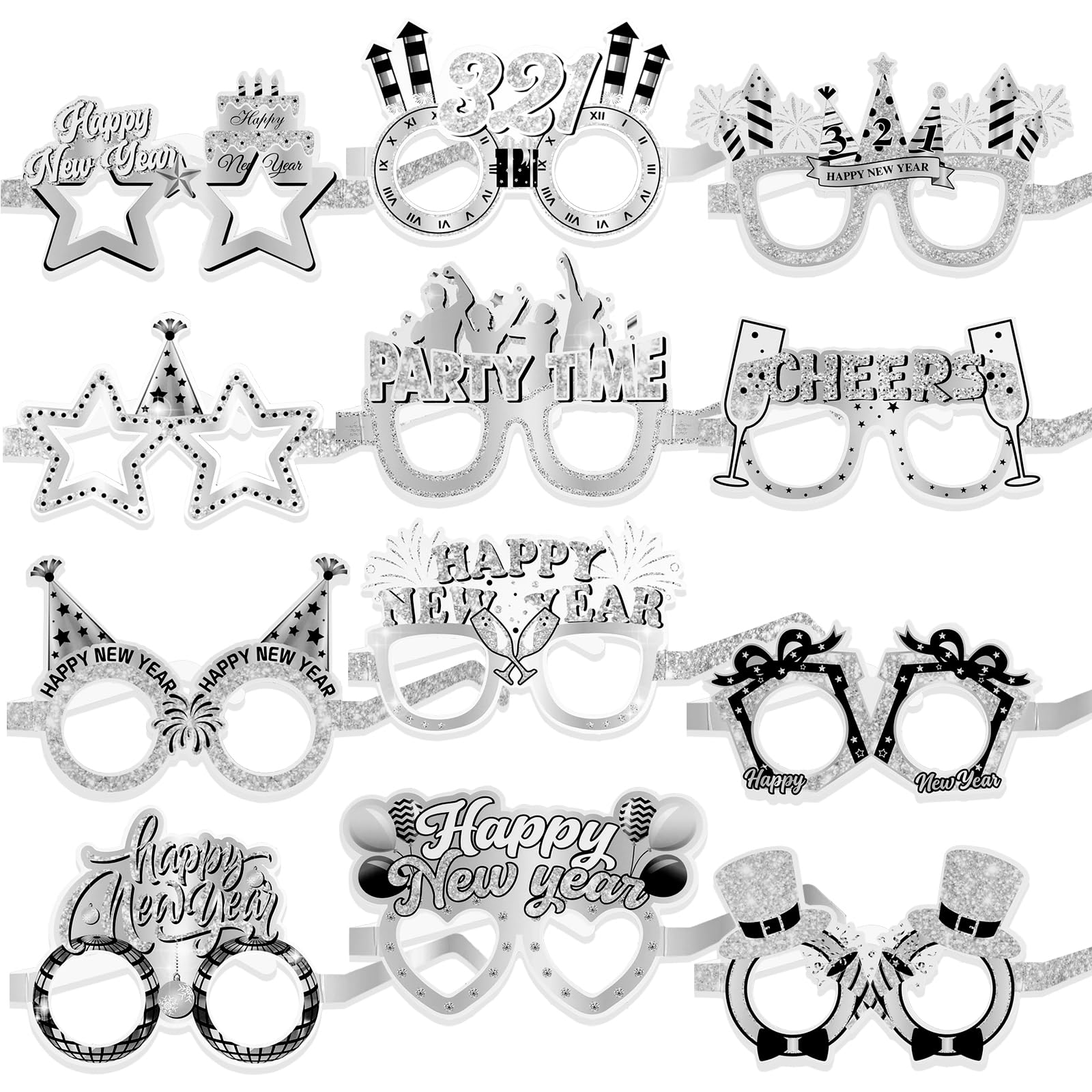 HOWAF24pcs Glitter Silver New Year Paper Eyeglasses for 2025 NYE Party Decor Favors, Happy New Year Silver Photo Props Glasses, New Year Party Supplies Paper Eyewear for New Year Party Decorations