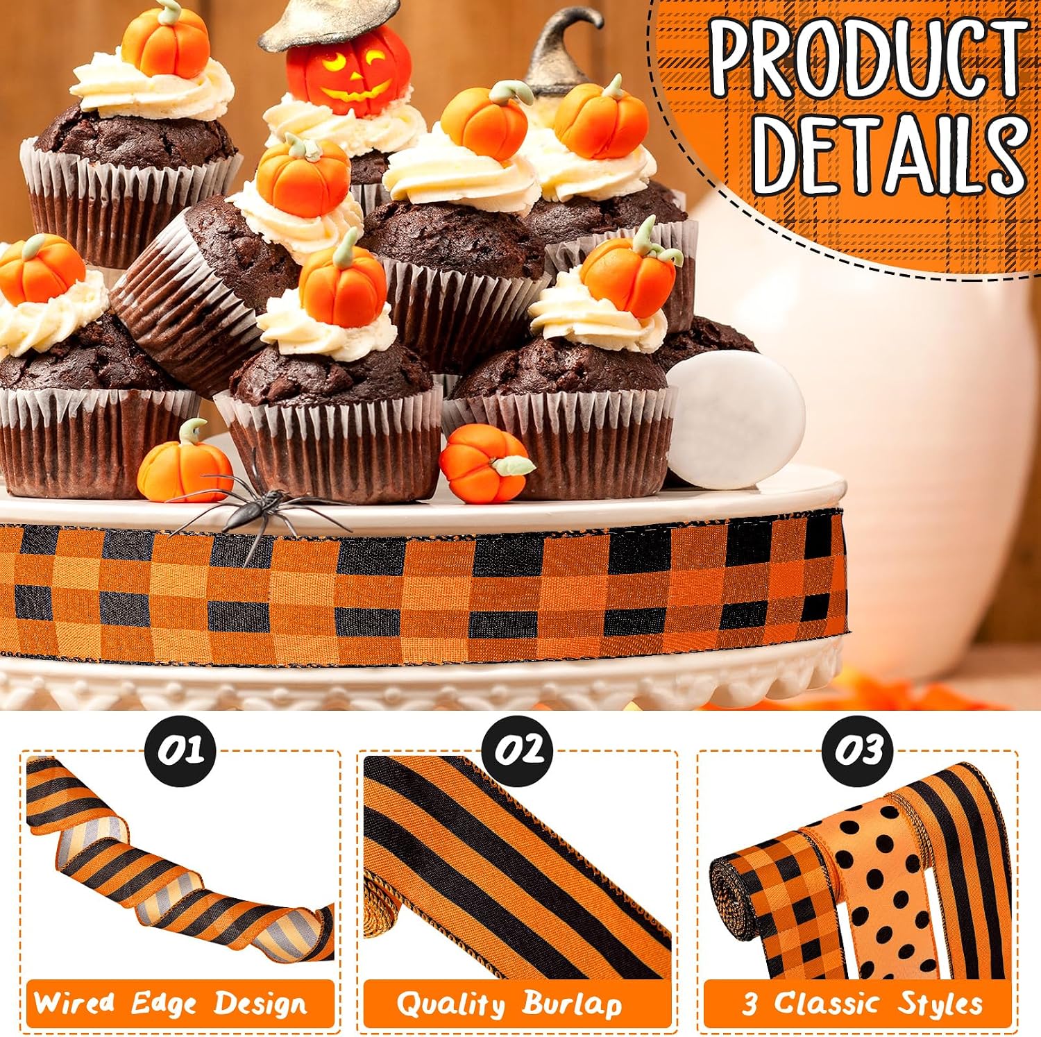3 Rolls Wired Ribbon Orange 2.5 Inch x 15 Yards Easter Orange and Black Buffalo Plaid Ribbon Gingham Ribbon Dot Pattern Striped Ribbons for Halloween Thanksgiving Fall DIY Crafts Party Decor