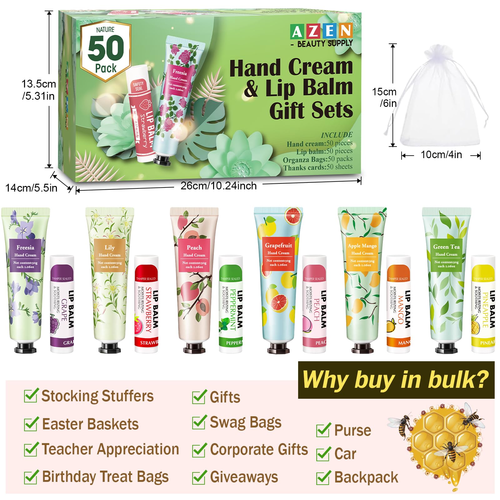AZEN 50 juegos de regalos a granel, crema de manos y bálsamo labial a granel con bolsa de organza, tarjeta de agradecimiento, regalo de boda para baby shower, regalos de boda para invitados, regalos