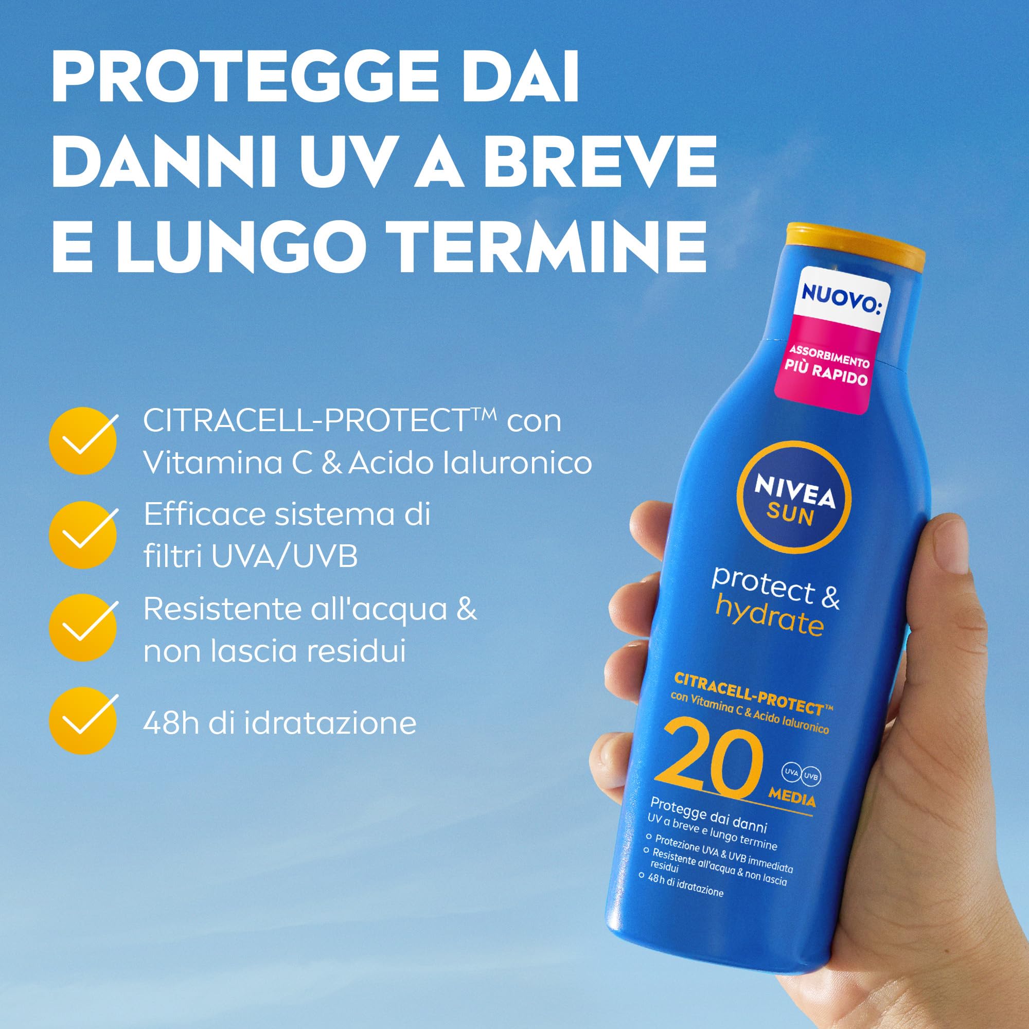 NIVEA SUN Protect & Hydrate SPF 20 200 ml, Crema solare 20 idratante 48h ad assorbimento rapido, Protezione solare 20 resistente all'acqua arricchita con Vitamina C e Acido Ialuronico