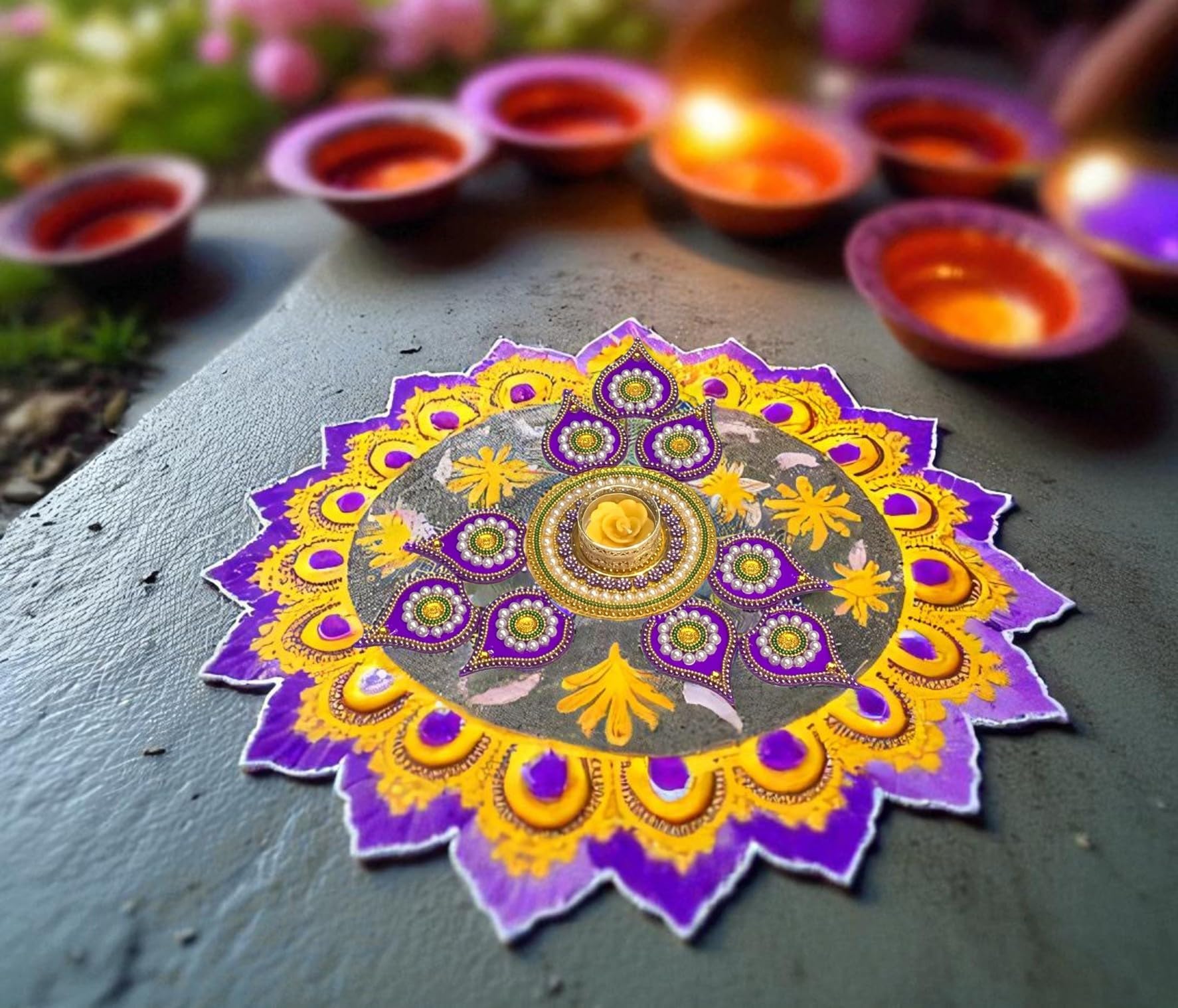 Acrylic Rangoli Set with T Light Holder - Diwali Decor -4