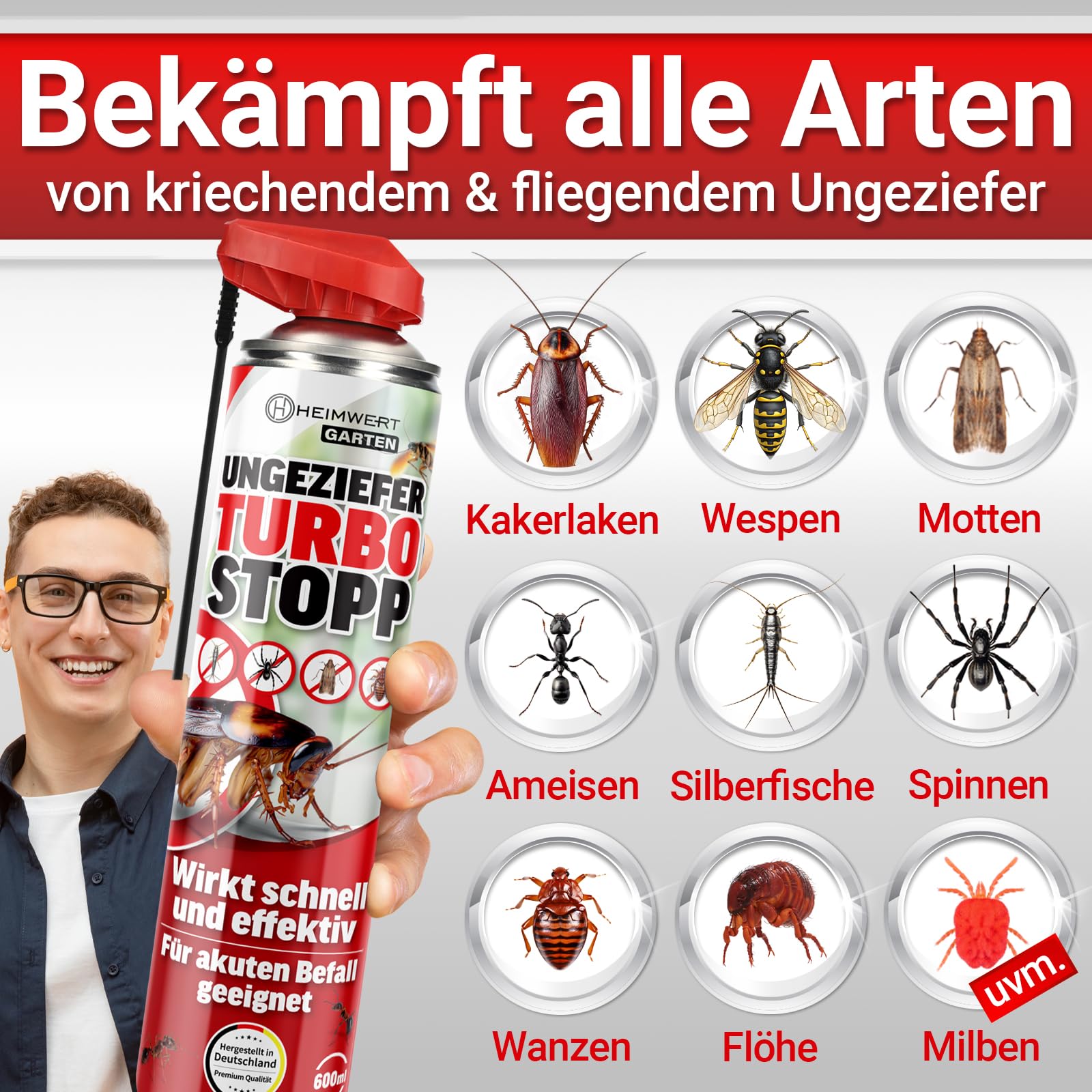 HEIMWERT Insektenspray Akut gegen Ungeziefer – Sofortige Wirkung mit Langzeitschutz gegen Ameisen, Mücken, Fliegen, Silberfische, Spinnen uvam - Spray Mittel für Wohnung + Garten 600 ml (2x600ml)