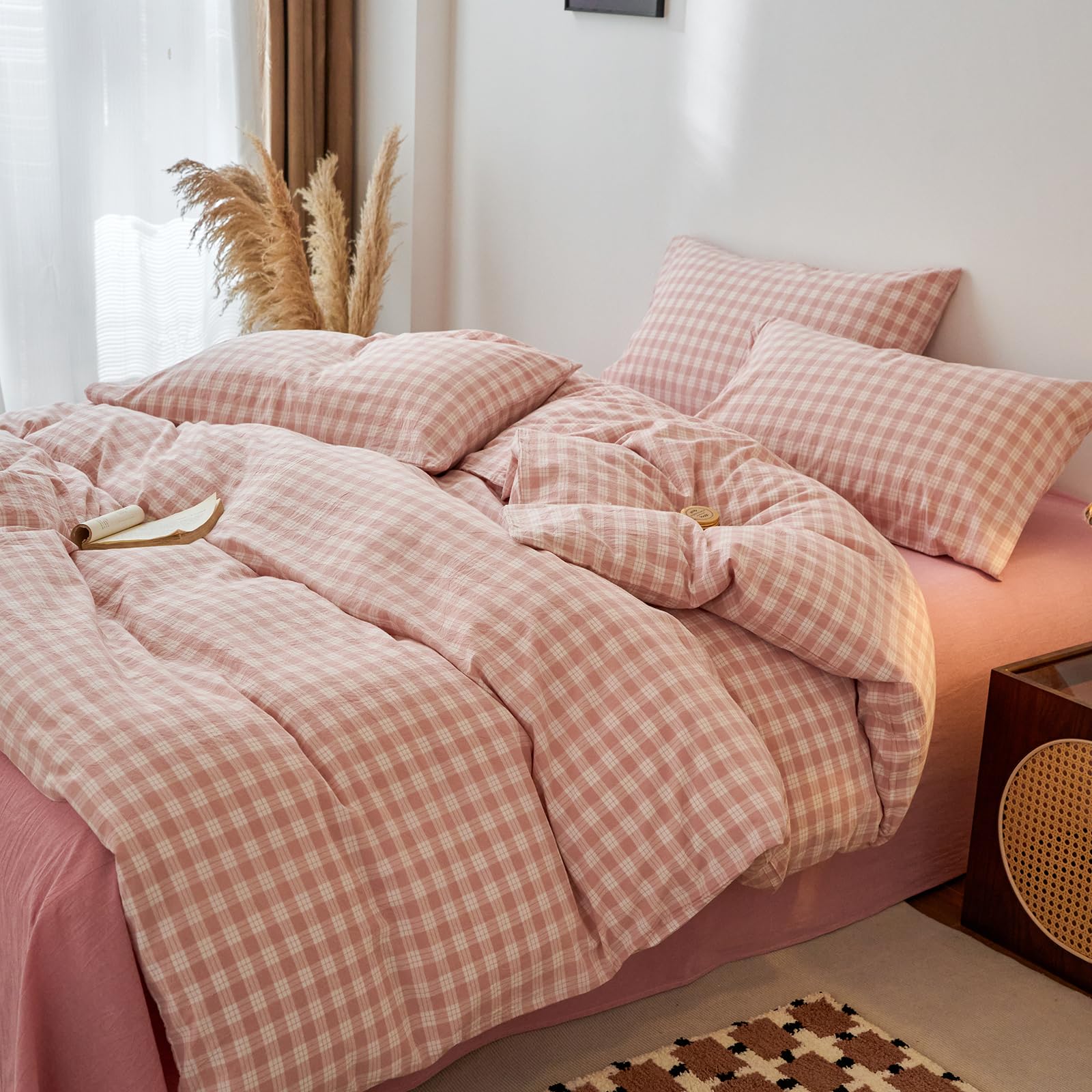 EAVD Vintage Style Gingham Plaid Duvet Cover King Pink White Soft 100% Washed Cotton Chic Warm Checkered Bedding Set with 2 Pillowcases Farmhouse Grid Gingham Duvet Cover with Zipper Closure