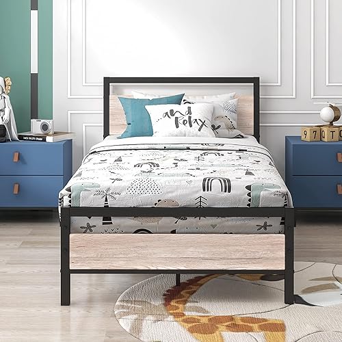 Miniatura 7 de HOJINLINERO Marco de cama individual con cabecera de madera, marco de cama de metal con plataforma individual, no necesita somier, listones de acero