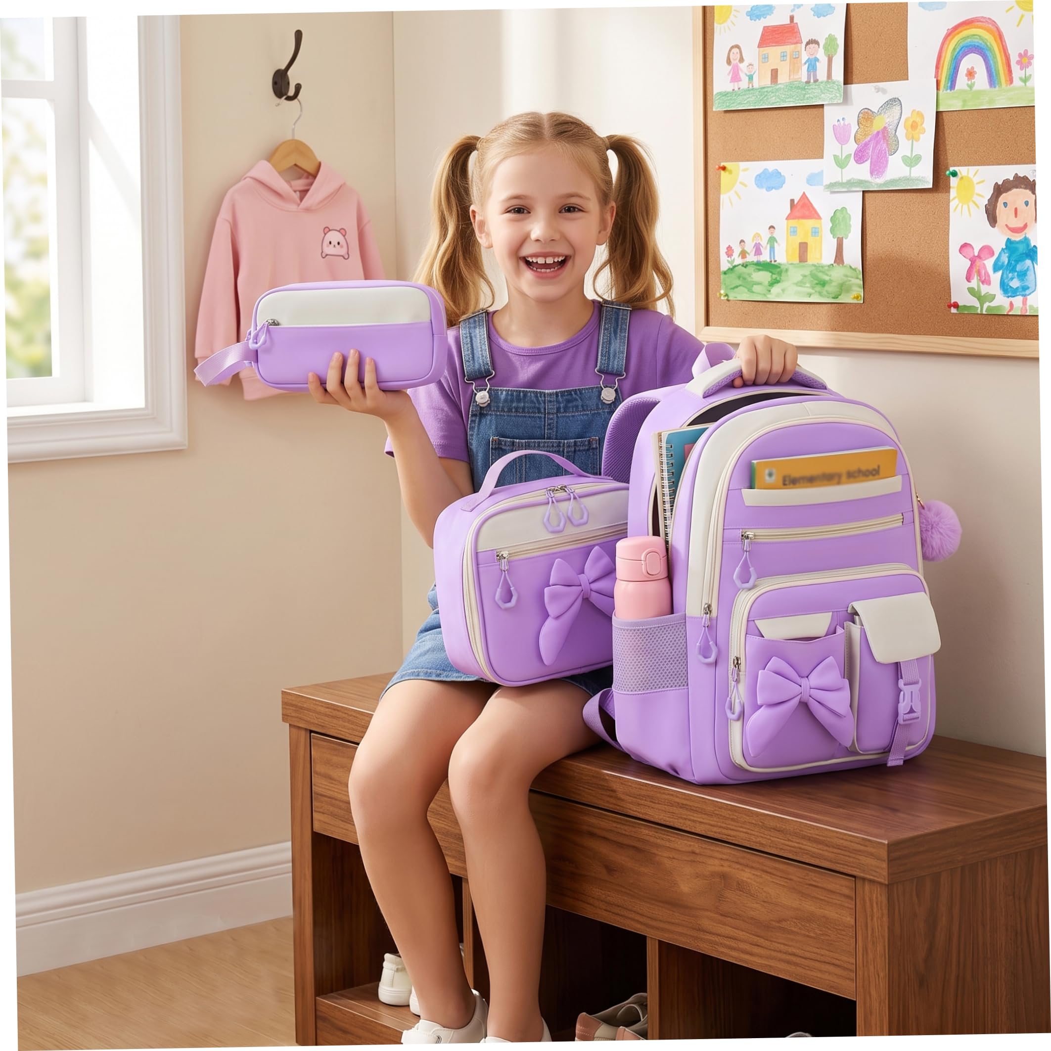Mochila con lazo para niñas, mochila para niñas de 3 piezas para la escuela con bolsa de almuerzo, estuche para lápices, linda para niños y adolescentes, apta para jardín de infantes, prim