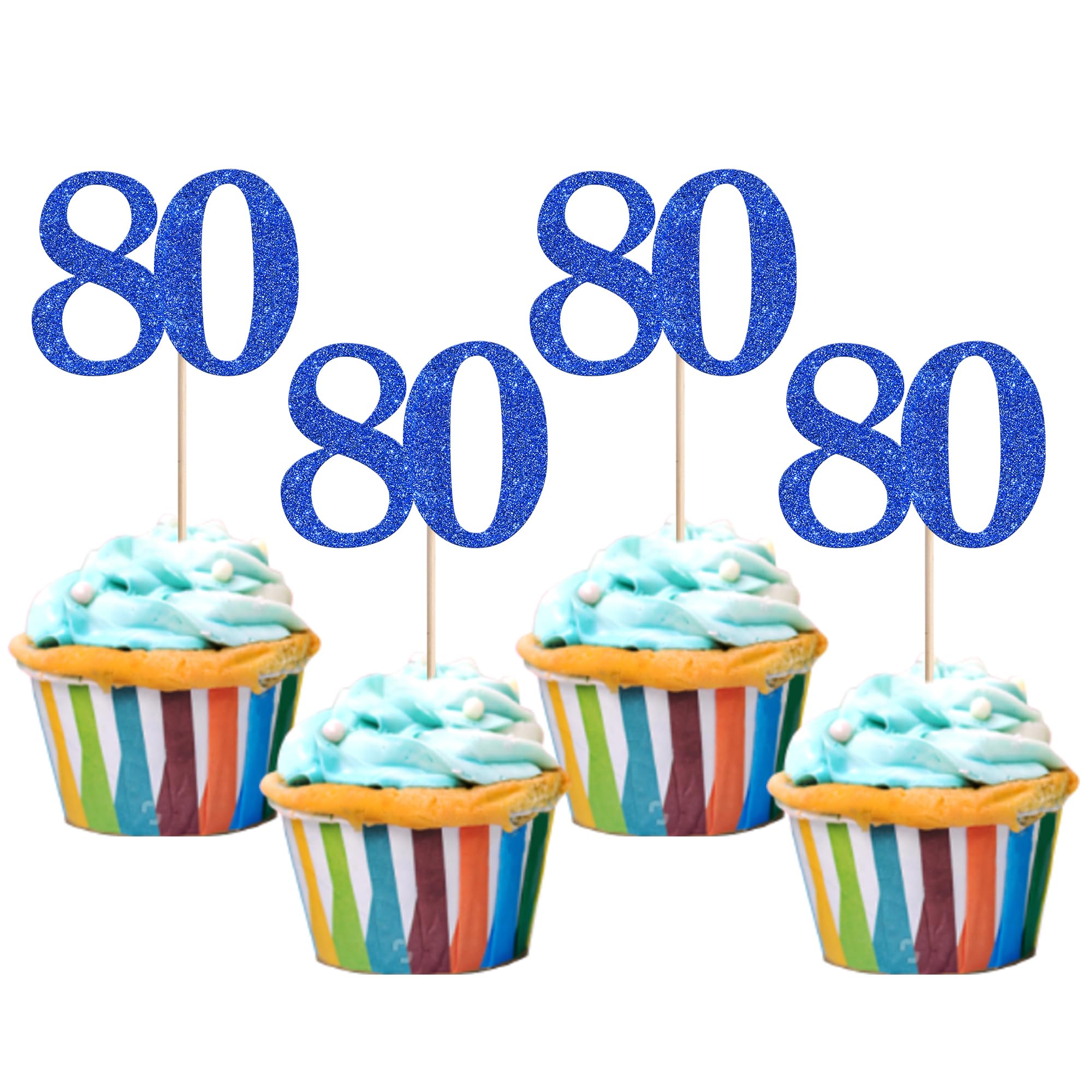 Xsstarmi 36 Pack Number 80 Cupcake Toppers Glitter Cheers to 80 Years Birthday Cupcake Picks Decoration for Happy 80th Birthday Wedding Anniversary Party Cake Decorations Blue
