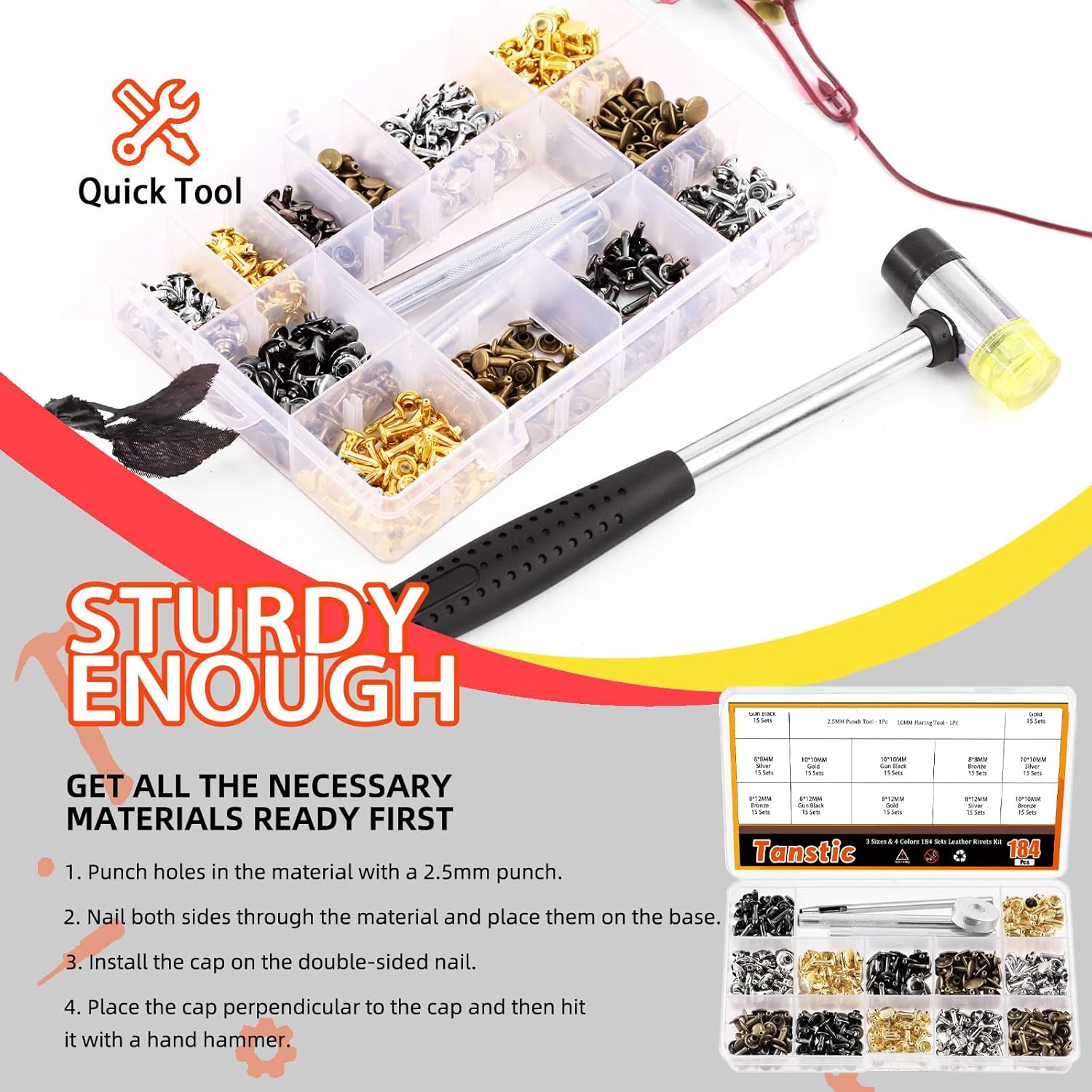 Tanstic 184Pcs Leather Rivets Kit, 3 Sizes 4 Colors Double Cap Rivets Flat Tubular Metal Studs with Setting Tool Kit for Leather Craft Repair Decoration(Silver/Gun Black/Bronze/Gold)