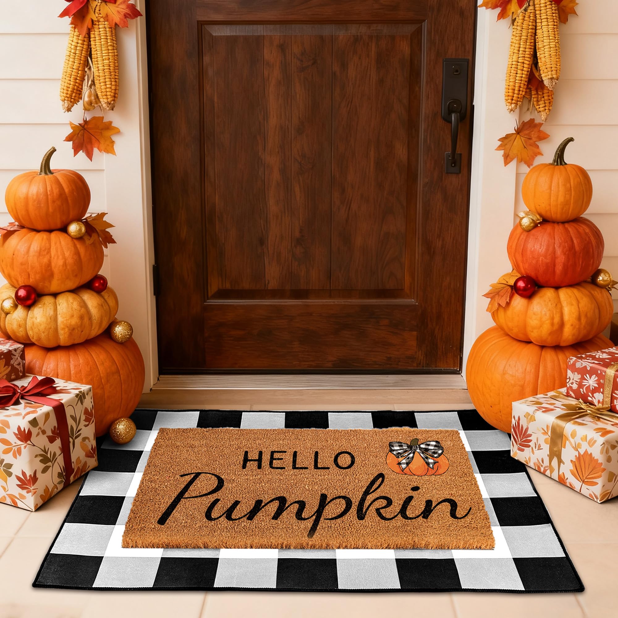 Fall Decor Door Mat Combo Set Hello Pumpkin 100% Coco Coir Welcome Mat 28x43in Black White Buffalo Plaid Rug Fall Thanksgiving Floor Entryway Doormat