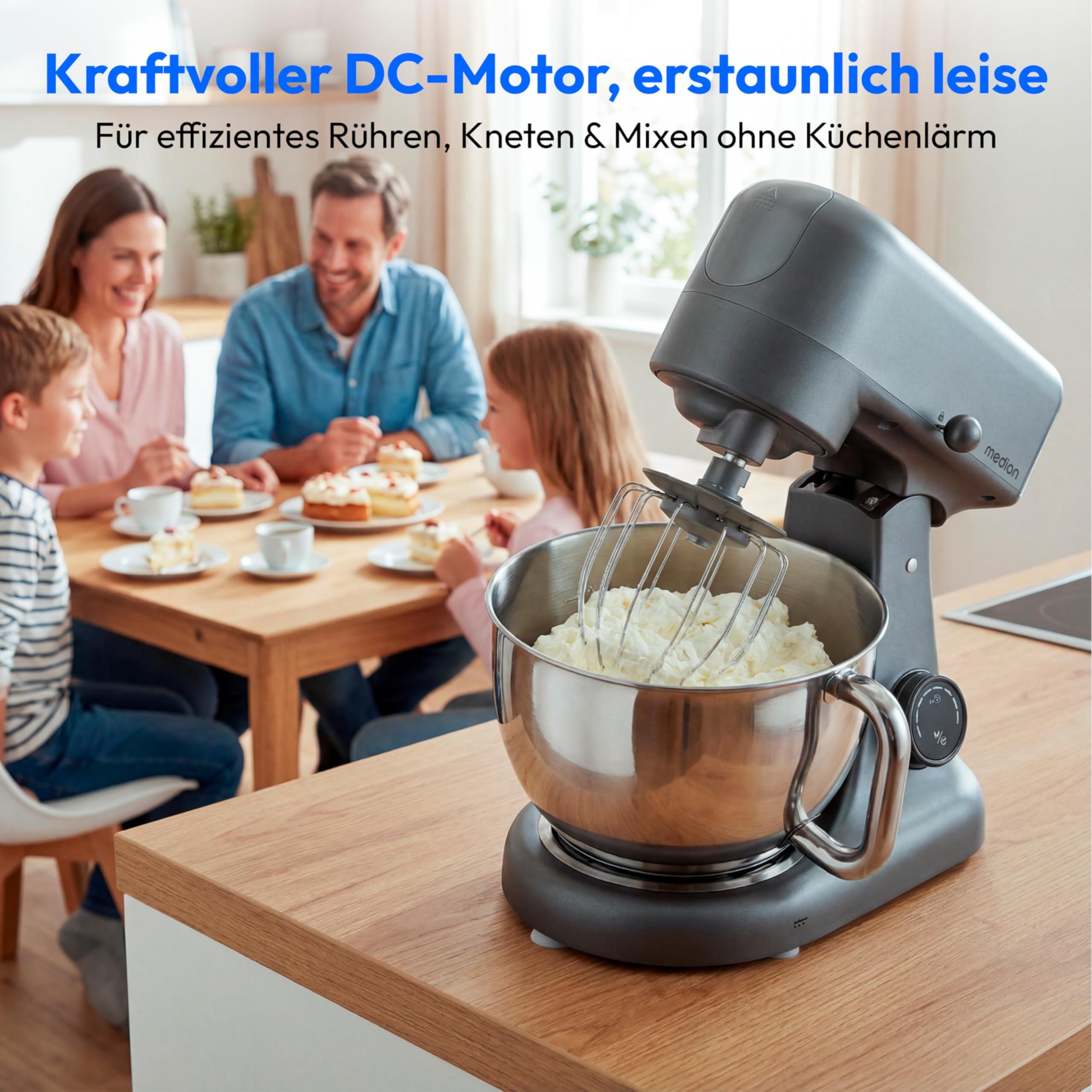 MEDION Küchenmaschine (Fleischwolf, 4,6 Liter Edelstahlschüssel, leiser Gleichstrommotor, 800 Watt, Reiben Raspeln Schneiden, Digitales Sensor Touch Display, Knetmaschine, Teigmaschine, MD12600) titan